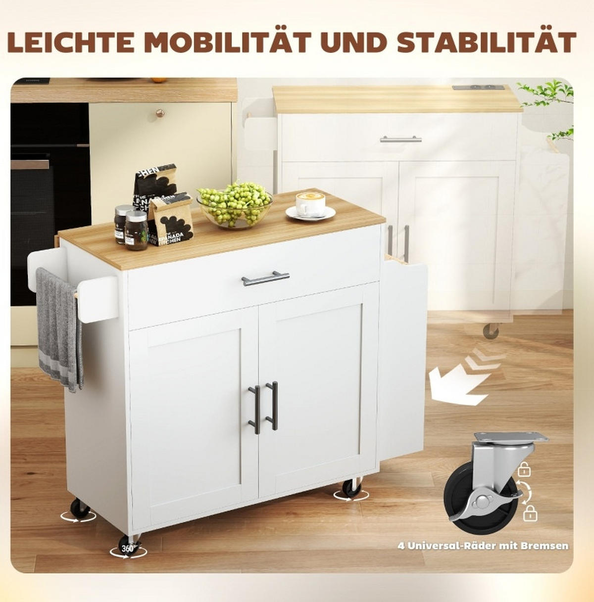 KÜCHENINSEL 120/68/85 cm mit klappbarer Arbeitsplatte, Schublade und Rollen, Holz, Weiß - Weiß, Holz (120/85/68cm) - Redom