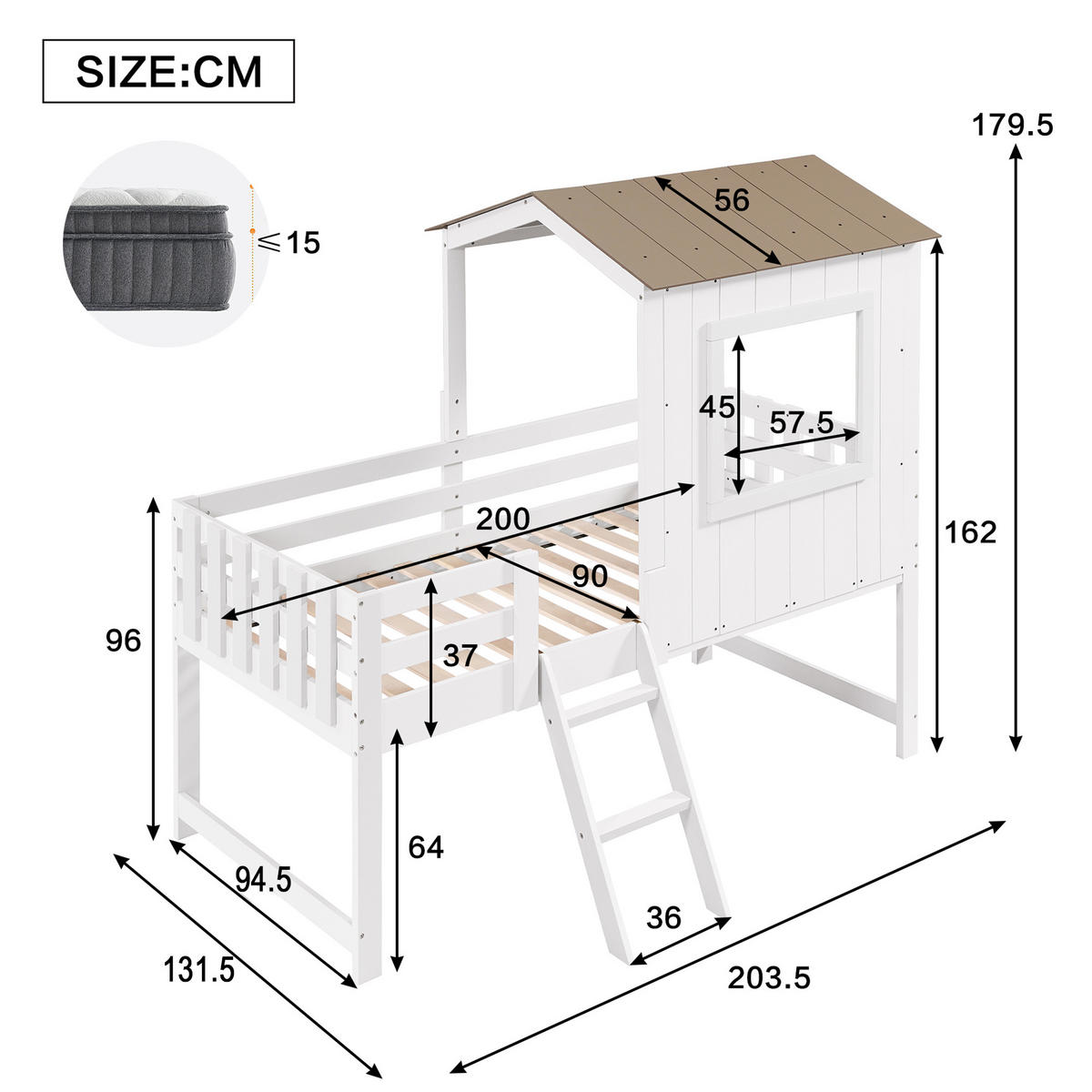 HAUSBETT 90/200 cm Weiß+Natur mit Dach, Fenster und Stauraum - Weiß, Holzwerkstoff (90/200cm) - OKWISH