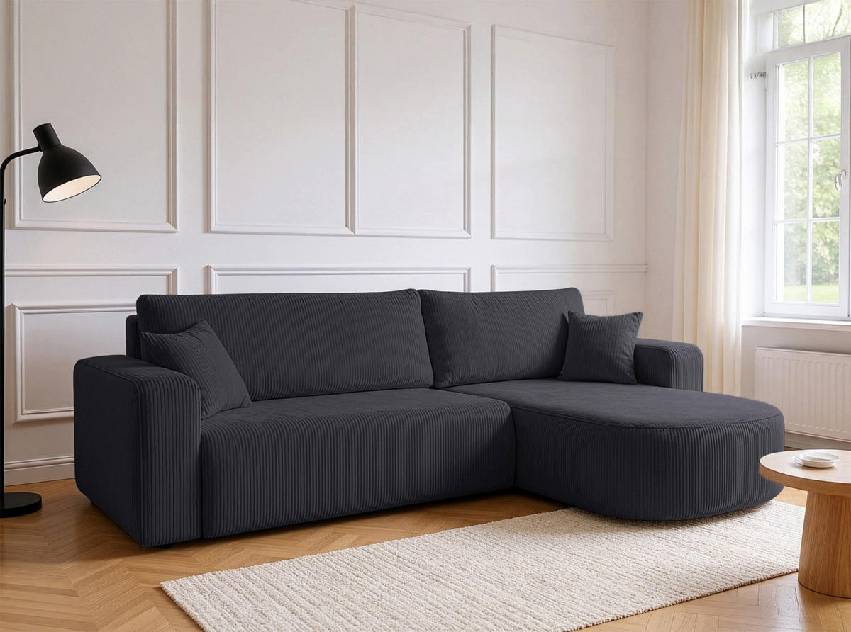 ECKSOFA TEEO Cord Grau 170 cm L-Form beidseitig - Schwarz/Grau, Kunststoff/Textil (170/275cm) - Homebook