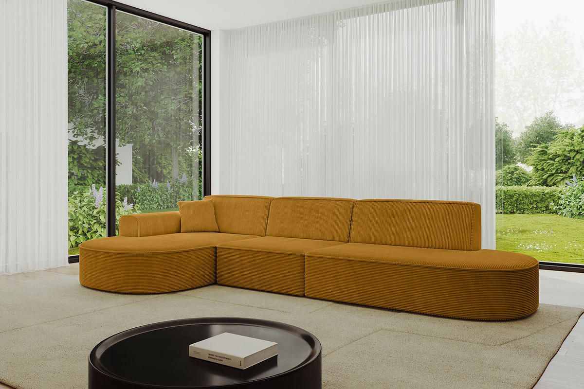 ECKSOFA Ottomane Links MARI-L2 - 317x163x73,5 cm Senfgelb Cord - Gelb/Schwarz, Holzwerkstoff/Kunststoff (165/321cm) - ALTDECOR