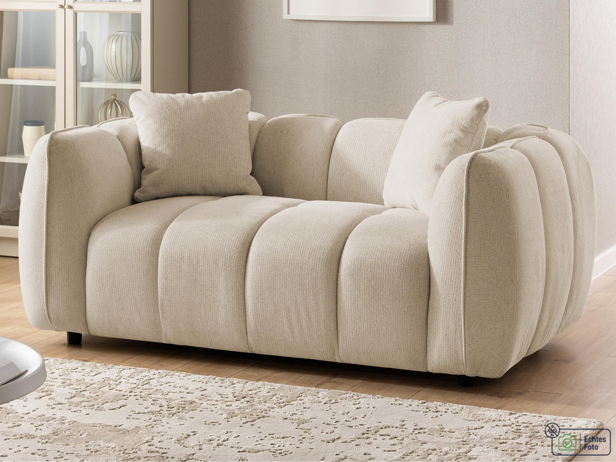 2-SITZER SOFA Nubira in tief gesteppter Bubble-Optik aus weichem Hellbeige Strukturstoff im modernen Design - Beige/Schwarz, Holz/Kunststoff (172/69/89cm) - S-Style Möbel