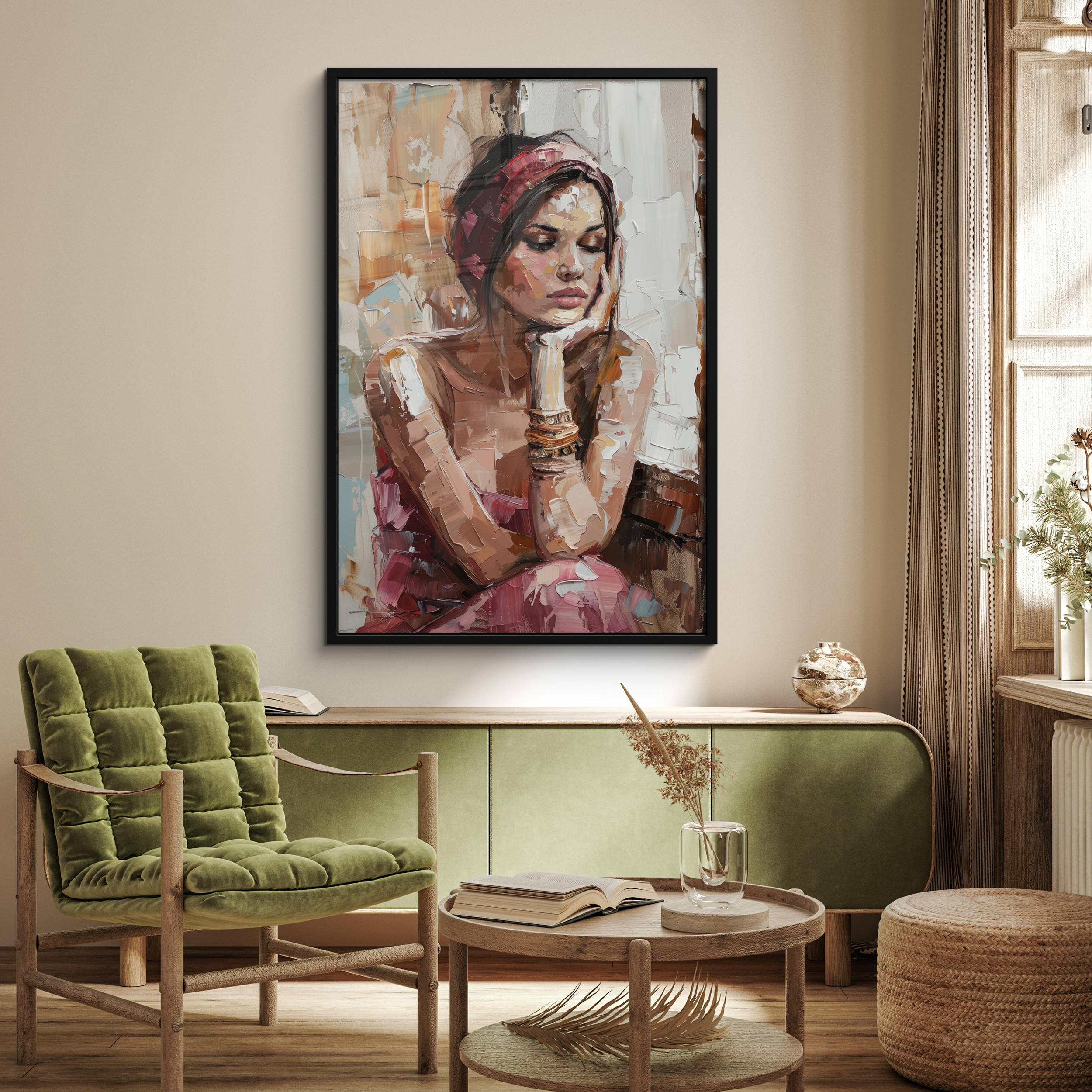 GERAHMTES BILD Frau - Lackierung - Porträt - Modern 80x120 cm - Altrosa, Papier (80/120cm) - MuchoWow