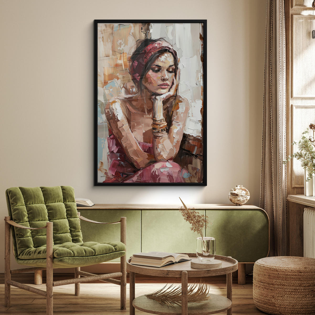 GERAHMTES BILD Frau - Lackierung - Porträt - Modern 80x120 cm - Altrosa, Papier (80/120cm) - MuchoWow