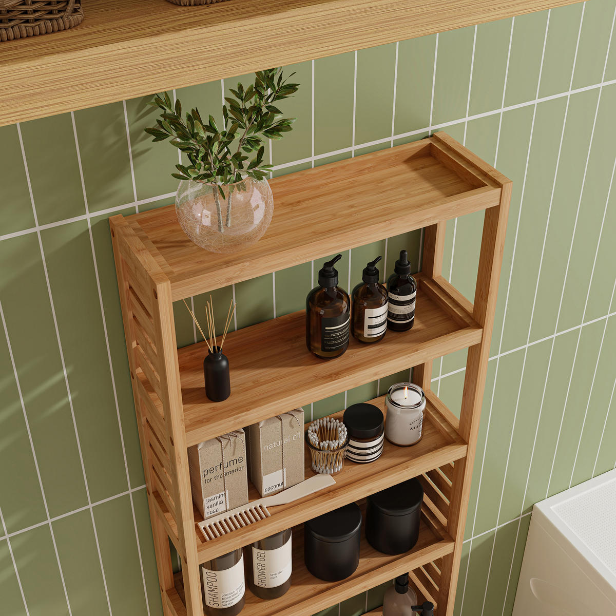 KÚPEĽŇOVÁ POLIČKA Forssa - prírodná farba, drevo (42/165/28cm) - [en.casa]