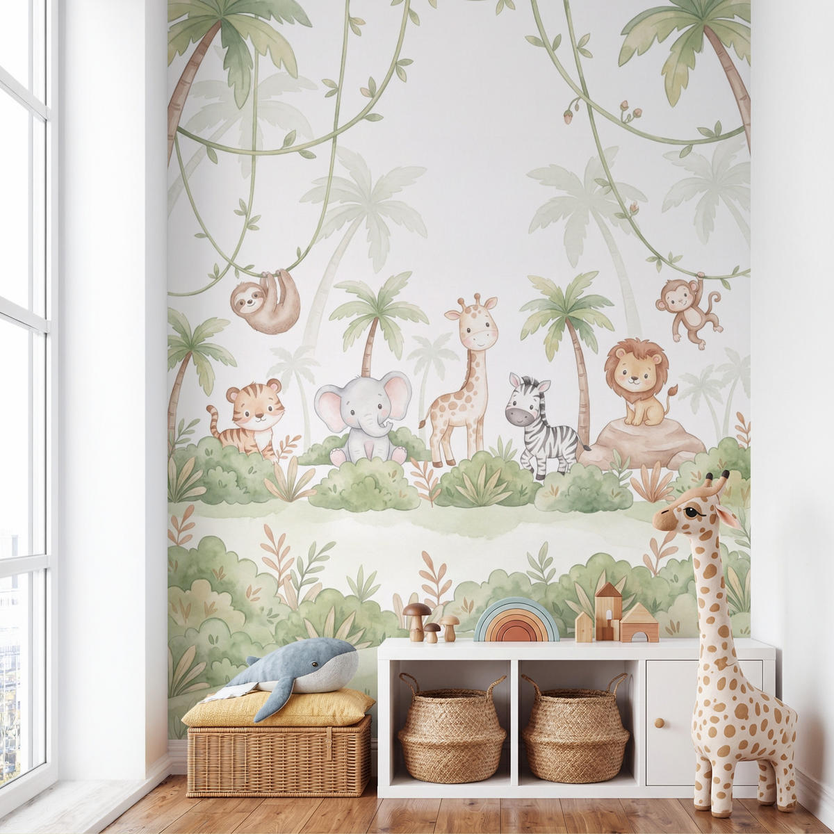 KINDERTAPETE - Tiere - Dschungel - Pastell - 220x280 cm - Weiß, Papier (220/280cm) - OnlyWow
