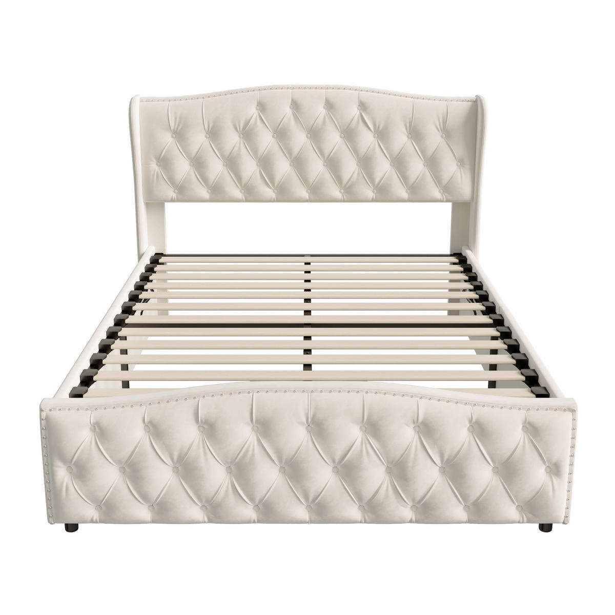 DOPPELBETT 140x200 cm Beige Samt, Polsterbett, Hydraulischer Bettkasten, Diamant-Knopfheftung, Tragfähigkeit 300 kg, Skandinavischer Stil - Beige, Metall (140/200cm) - GENKI LIVING