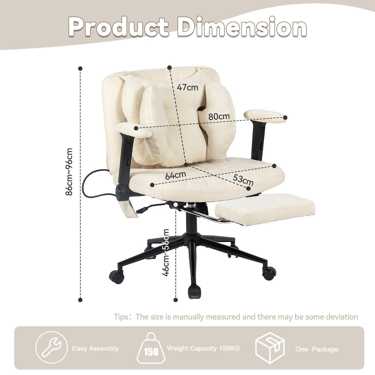 DREHSTUHL DE-40923 mit Fußstütze und Lendenluftkissen Beige - Beige, Metall (80/86/55cm) - ComfortXL