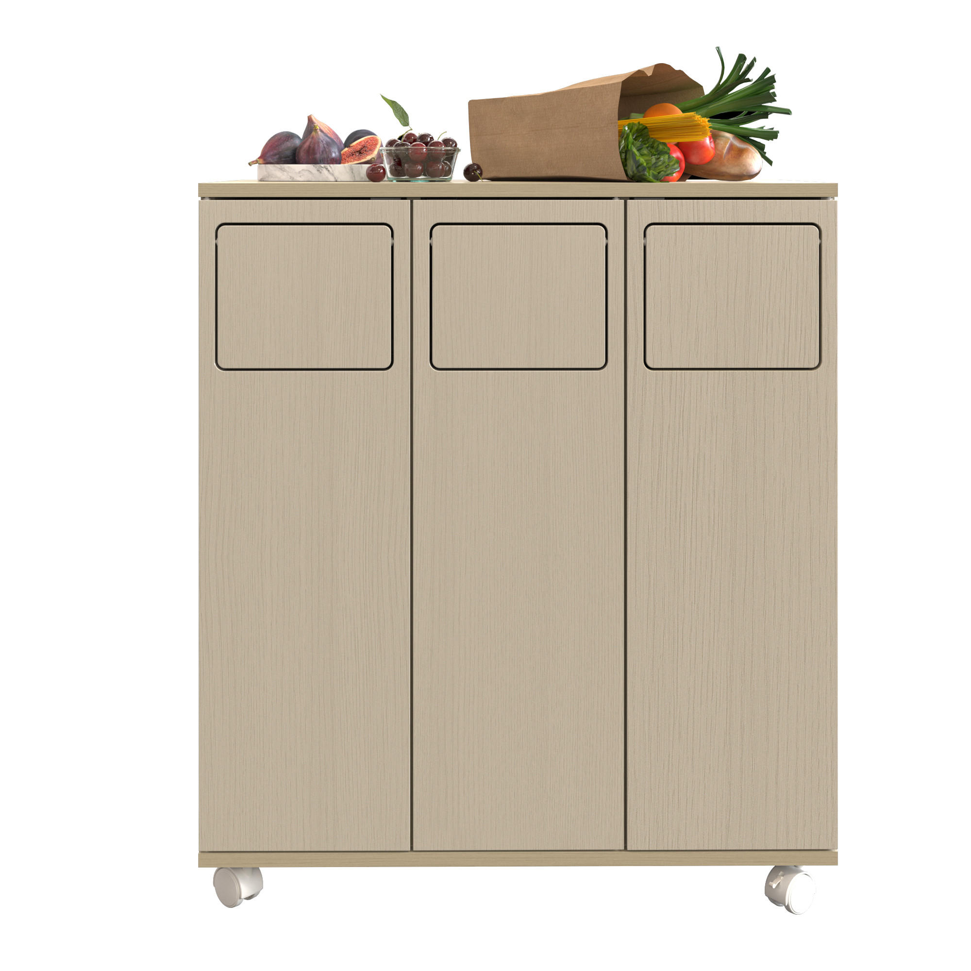 MÜLLSCHRANK DE-38851 69,3/35/80 cm 3 Fächer und Rollen Creme - Creme, Holzwerkstoff (69.3/80/35cm) - ComfortXL