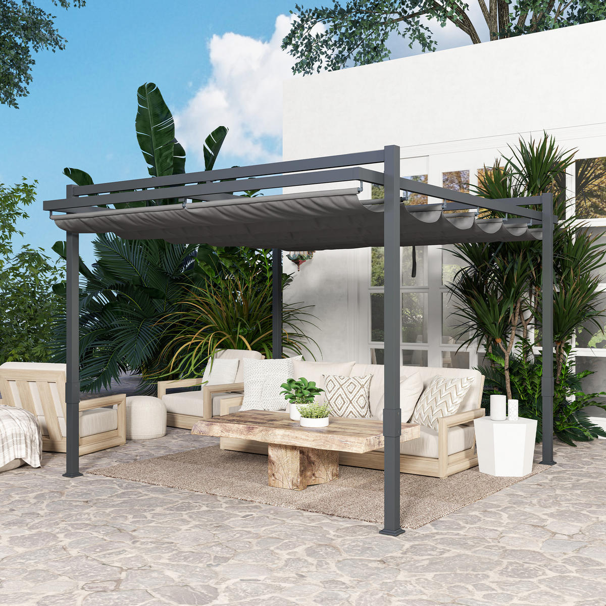 PERGOLA Pavillon ca. 3,5x3m Aluminium Stabil winterfest Sonnenschutz mit verstellbares Schiebedach Grau - Grau, Metall (358/245/320cm)