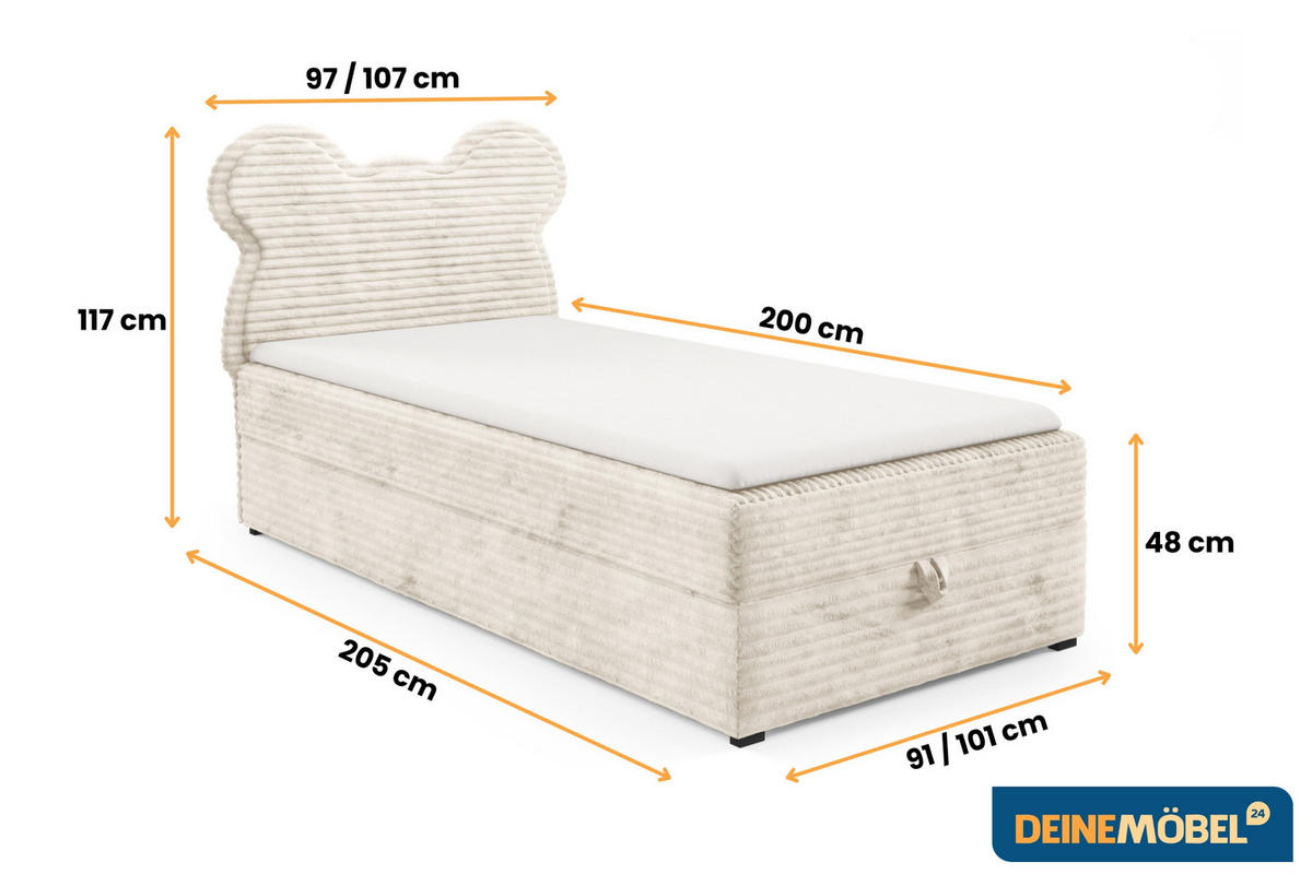 BOXBETT TEDDY 90/200 Cord-Samt Creme H3 - Creme, Holz/Holzwerkstoff (90/200cm) - Deine Möbel 24