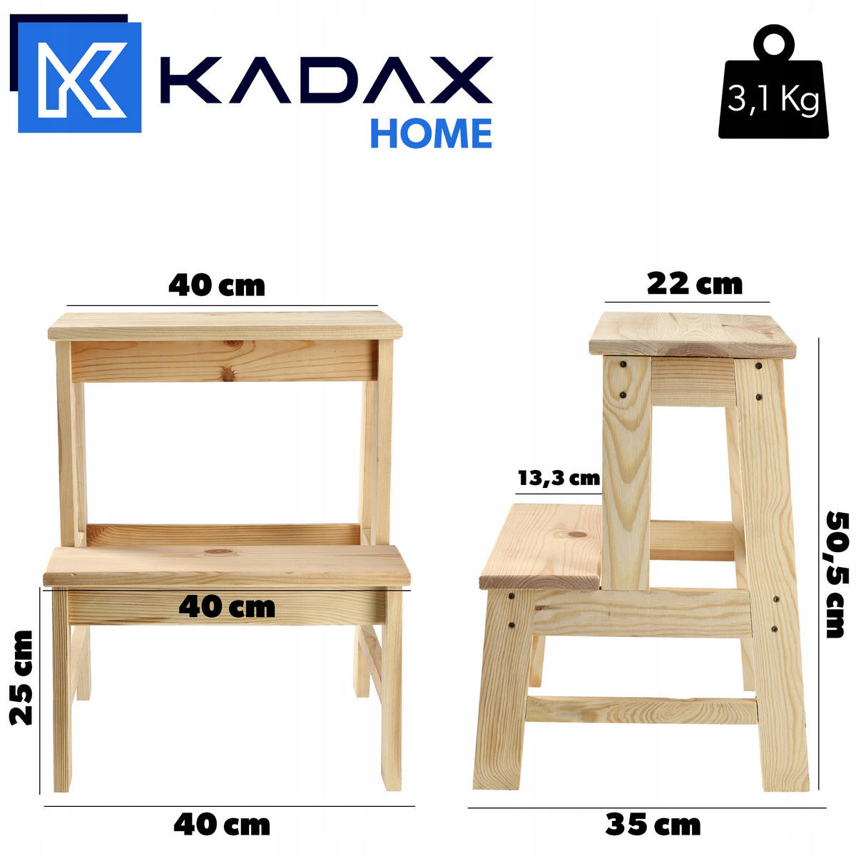 LEITERHOCKER aus Holz 40 x 50 cm - Naturfarben, Holz (40/35cm) - KADAX