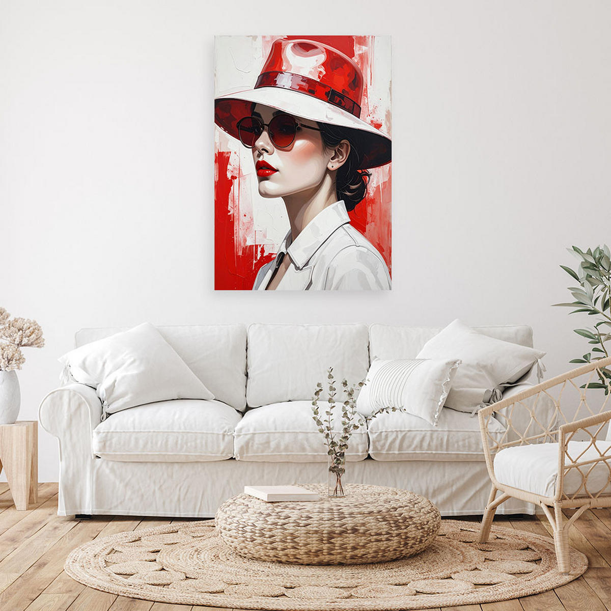 LEINWANDBILDER, Frau mit rotem Hut und Sonnenbrille - Rot, Textil (80/120cm) - Feeby