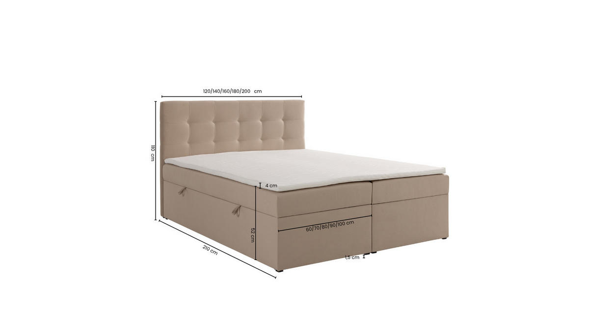 BOXBETT VELLIS mit Topper und Bettkasten, Creme, 120x200 cm - Creme, Textil (120/200cm) - KS Home Concept