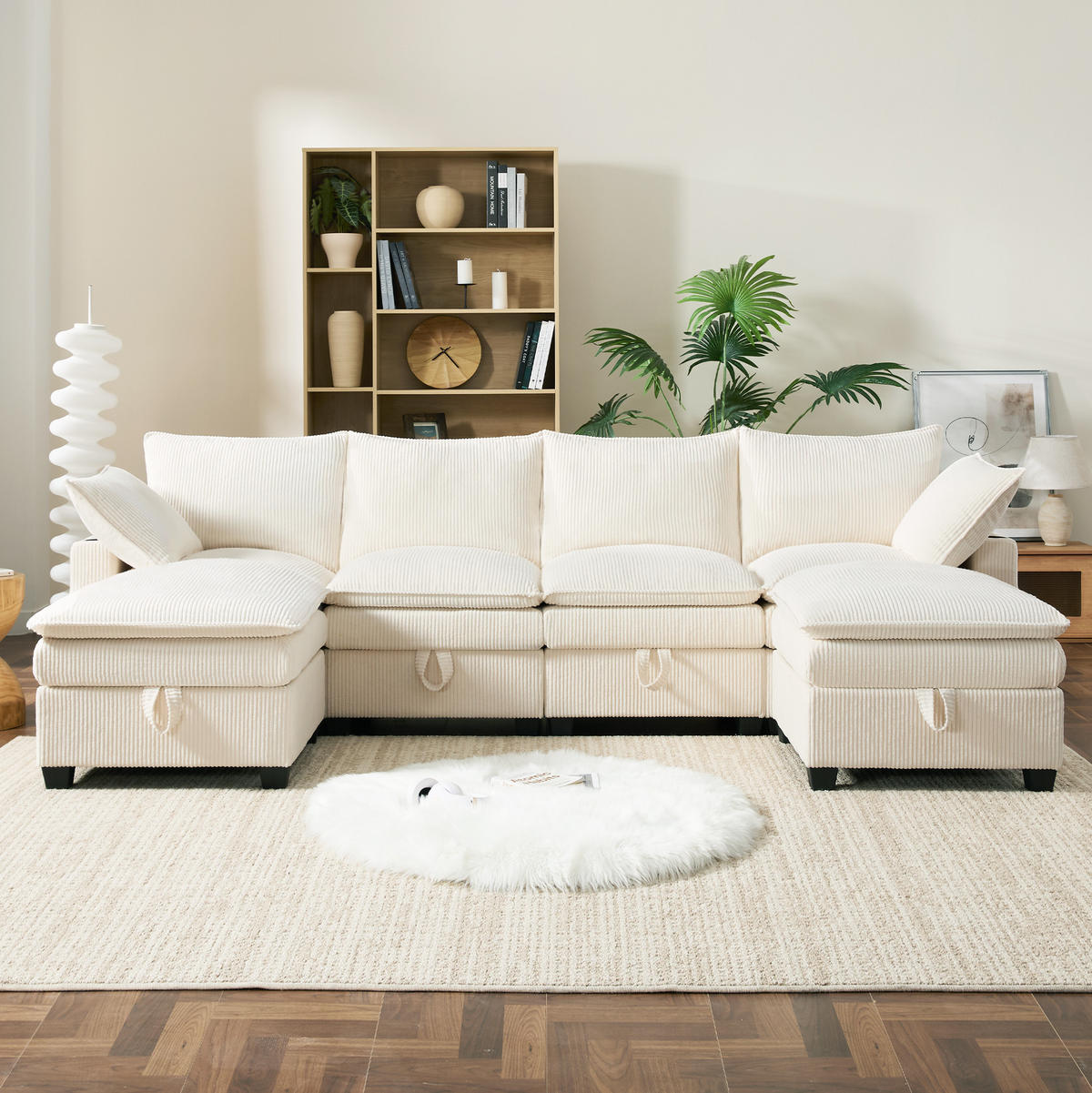 WOHNLANDSCHAFT Cord mit 2 Hockern und USB-Anschluss Stauraum 280/151/82 cm Beige - Beige, Kunststoff/Textil (82/280/151cm) - Redom