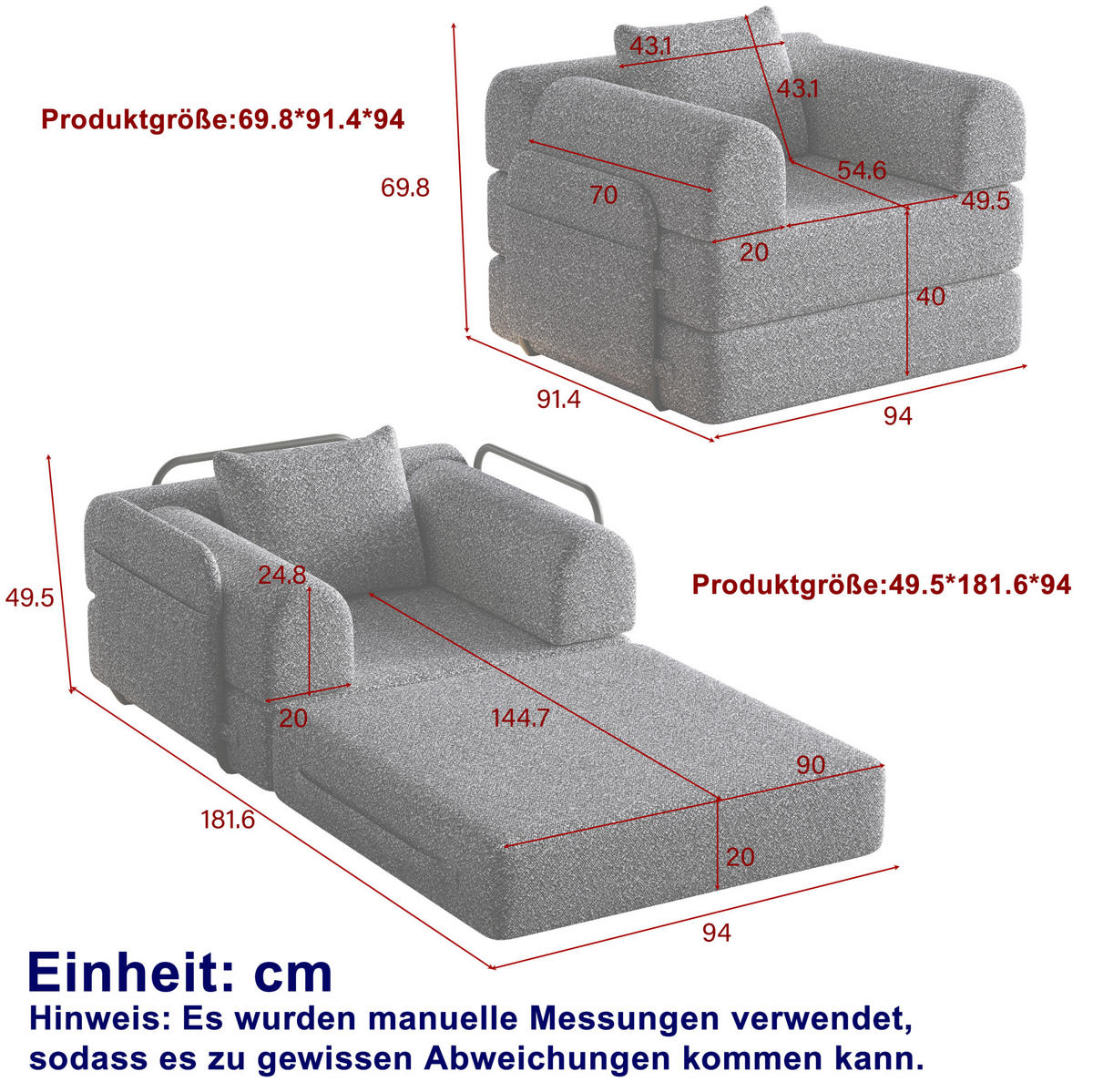 SCHLAFSOFA in Grau – 2-in-1, klappbar mit Armlehnen-Staufach - Grau, Textil (181.6/49.5/94cm) - BEAOK