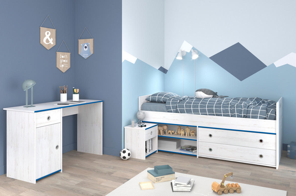 JUGENDZIMMER Set Stauraumbett 90 x 200 Schreibtisch Nachttisch - Silberfarben/Weiß, Holzwerkstoff/Kunststoff (98/80/207cm) - Parisot Meuble