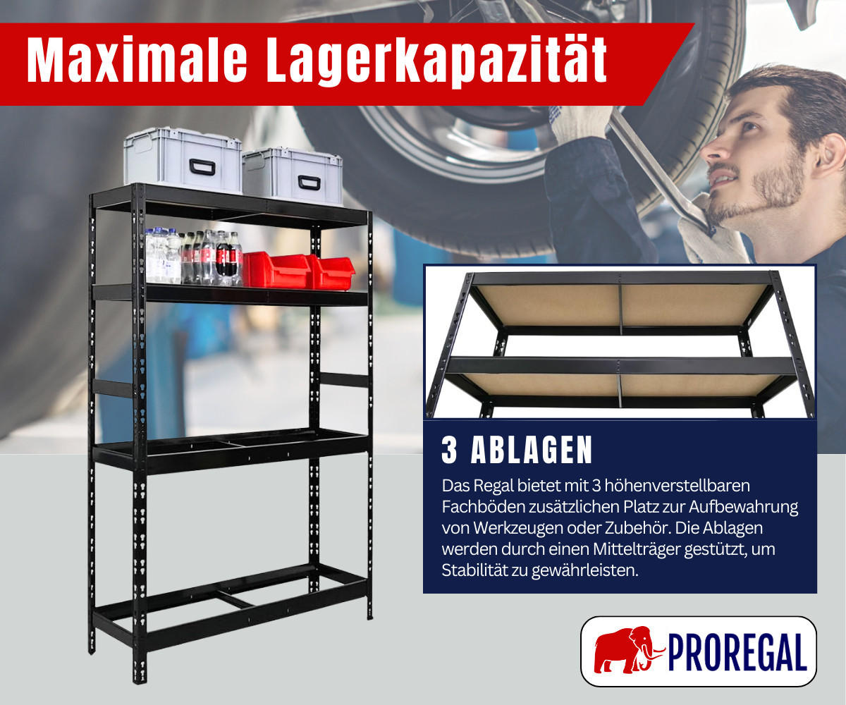 REIFENREGAL Tiger 180x120x40 cm bis zu 6 Reifen auf 1 Ebene + 3 Ablagen Schwarz - Schwarz, Metall (120/180/40cm) - PROREGAL