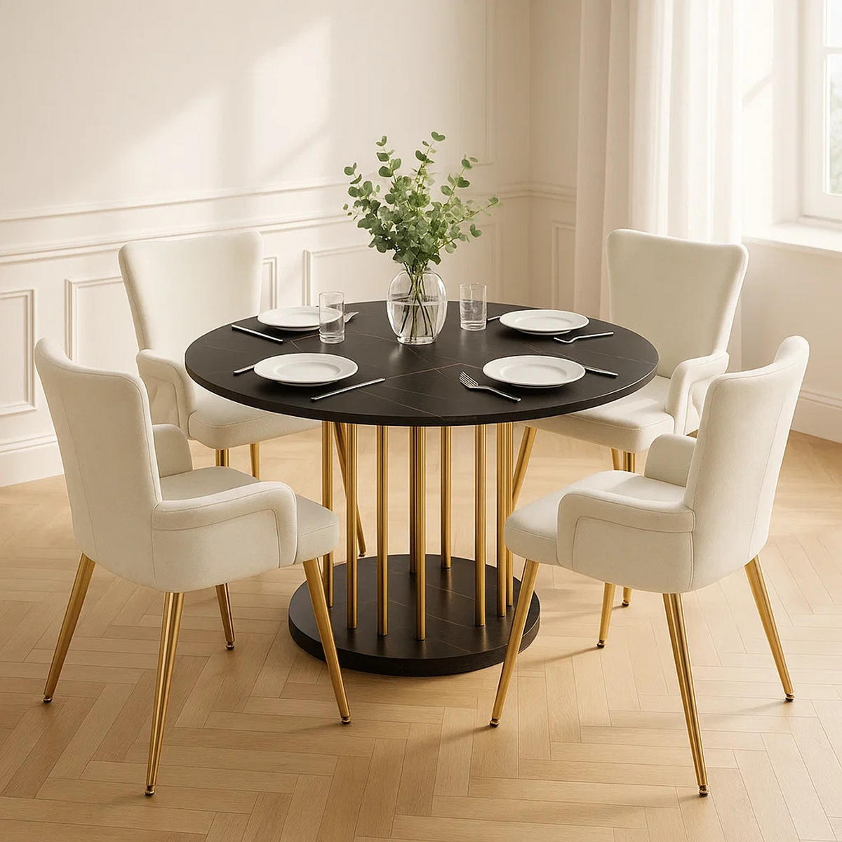 ESSTISCH SET mit 4 Stühlen, Schwarze Marmoroptik und Goldenes Gestell - Beige, Holzwerkstoff/Textil (110/74.6/110cm) - Urban Meuble