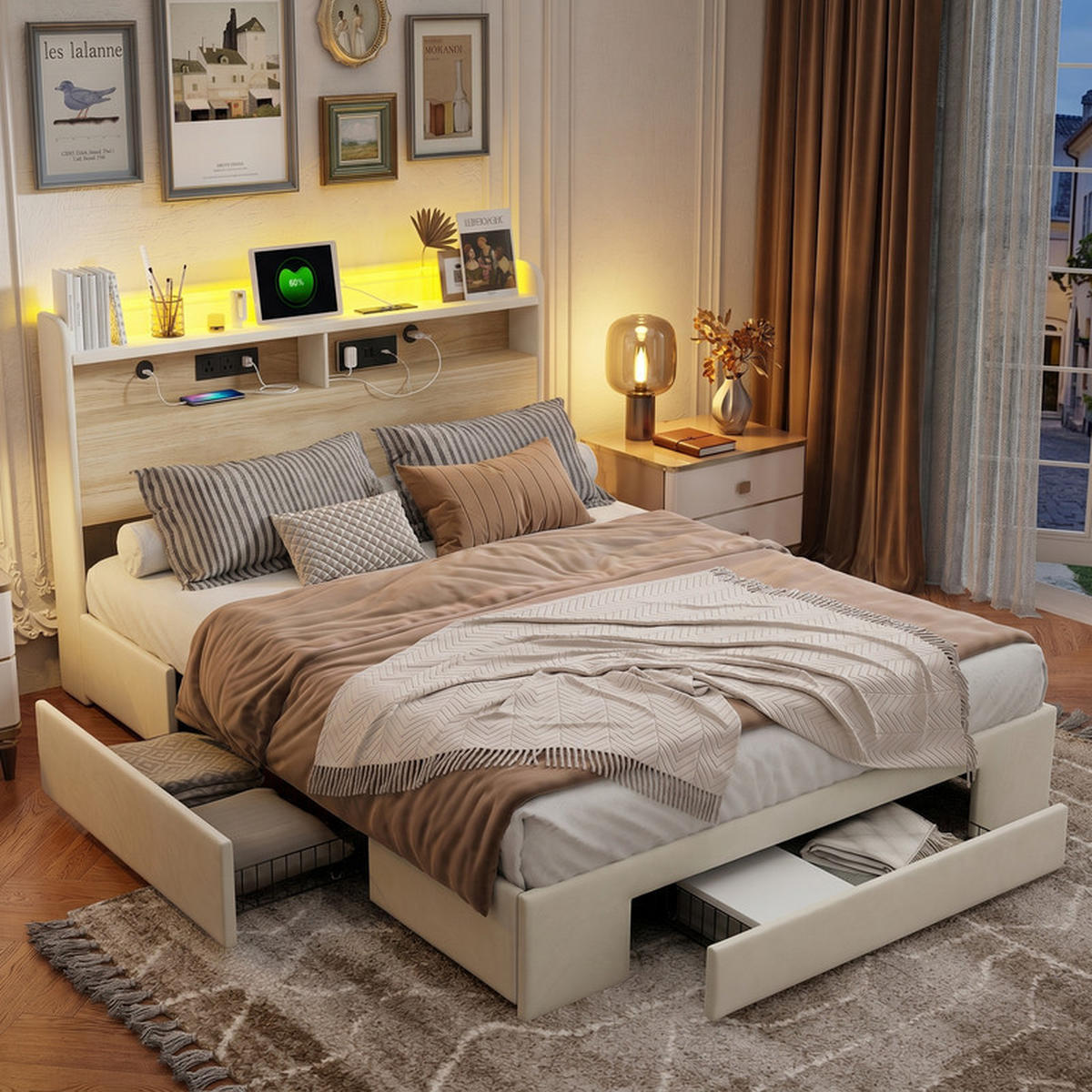 POLSTERBETT 140/200 cm beige mit Schubladen, LED und USB - Beige, Holz