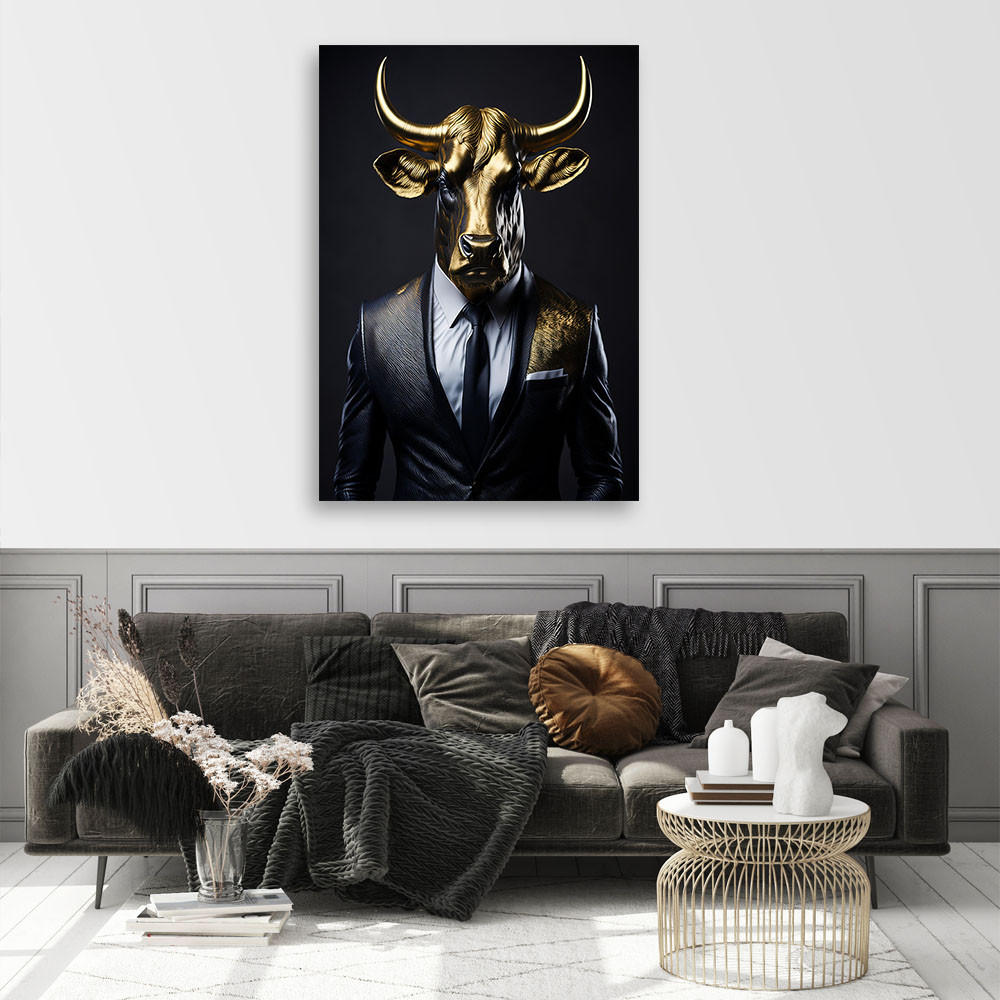 WANDBILD stier tiere im anzug - Goldfarben, Textil (60/90cm) - Feeby