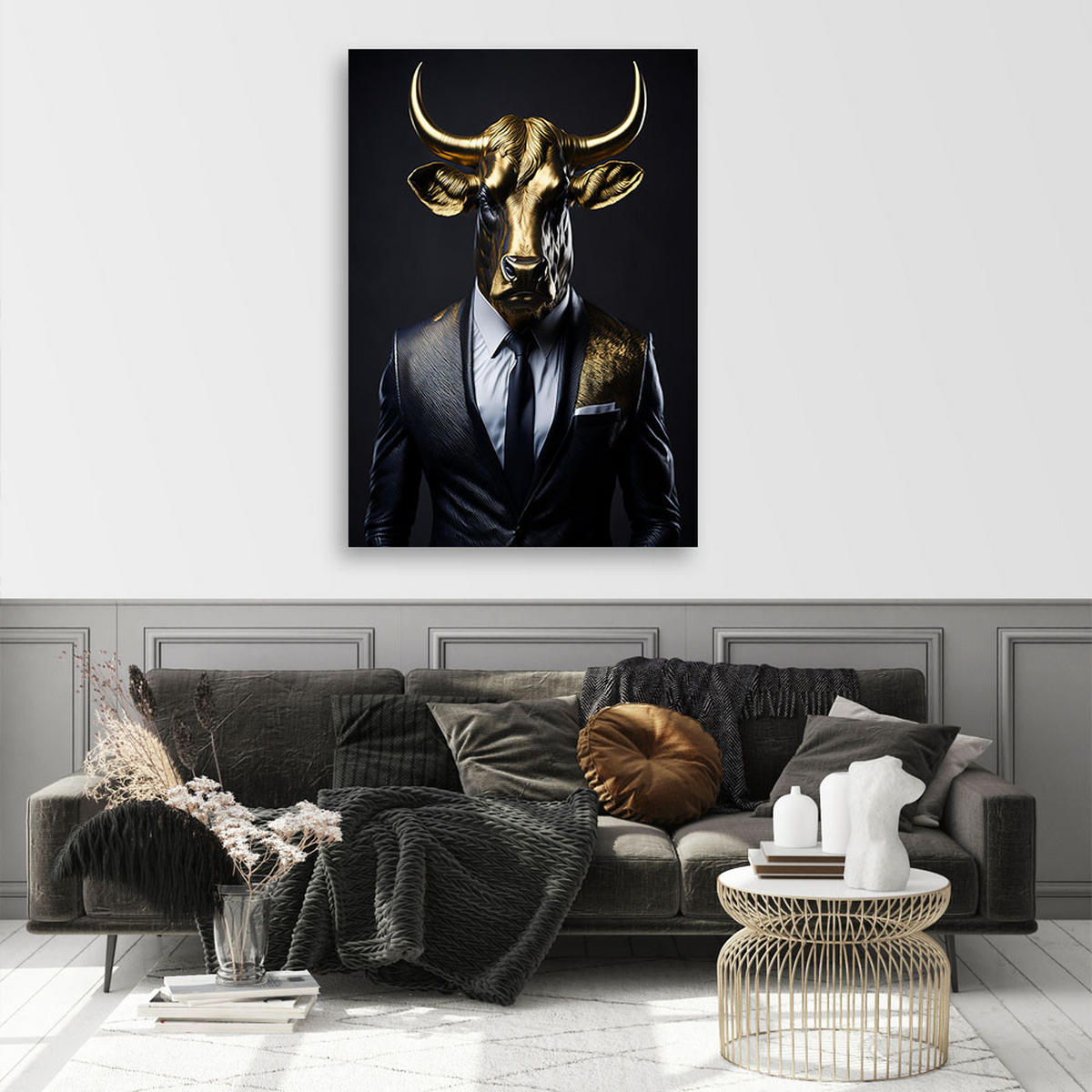 WANDBILD stier tiere im anzug - Goldfarben, Textil (70/100cm) - Feeby
