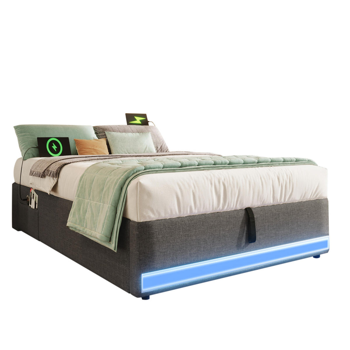 POLSTERBETT 90/200 cm mit LED-Beleuchtung, USB-C und Bettkasten in Grau - Grau, Textil (90/200cm) - BEAOK