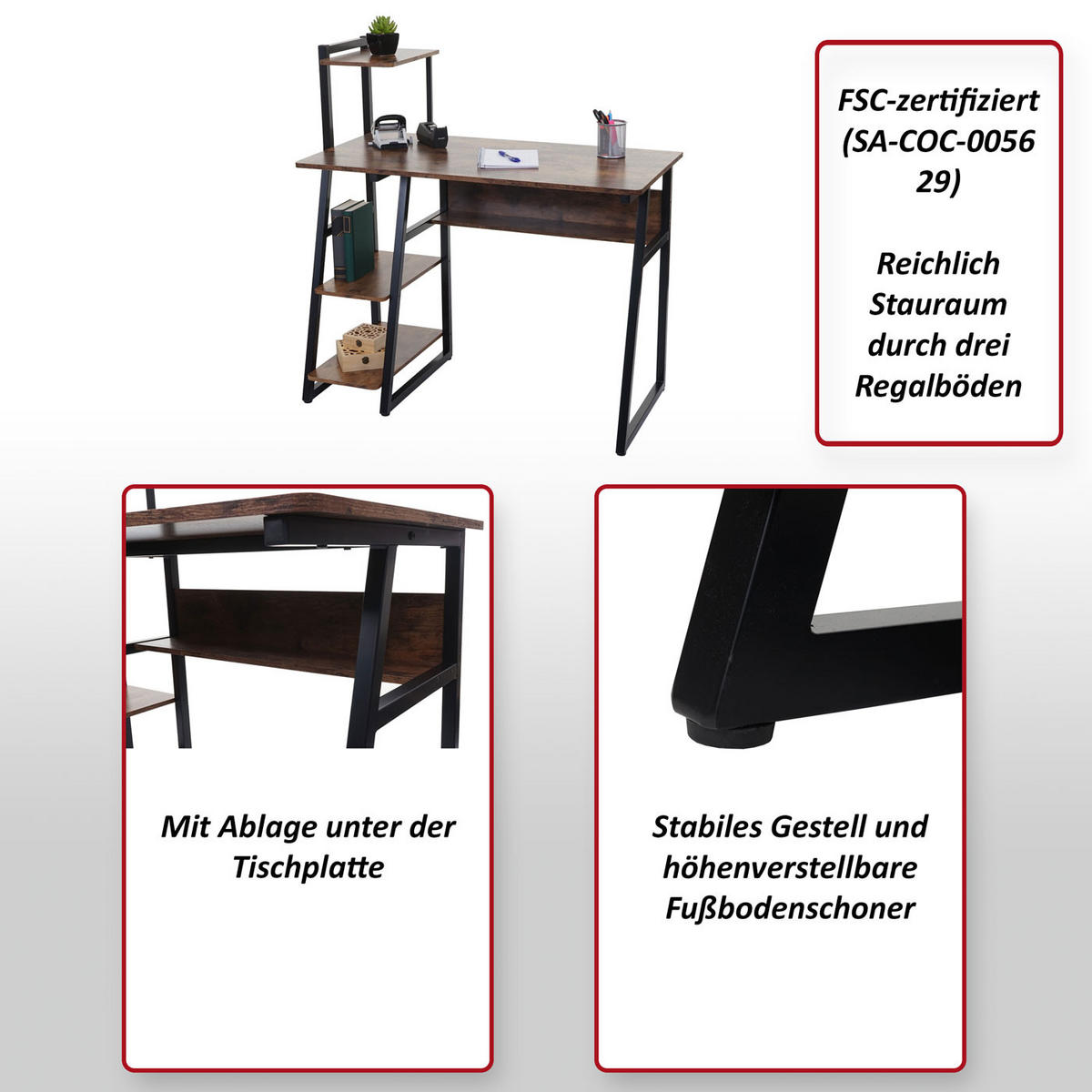 SCHREIBTISCH MIT REGAL eckig Braun - Braun, Metall (50/100/102cm) - MCW