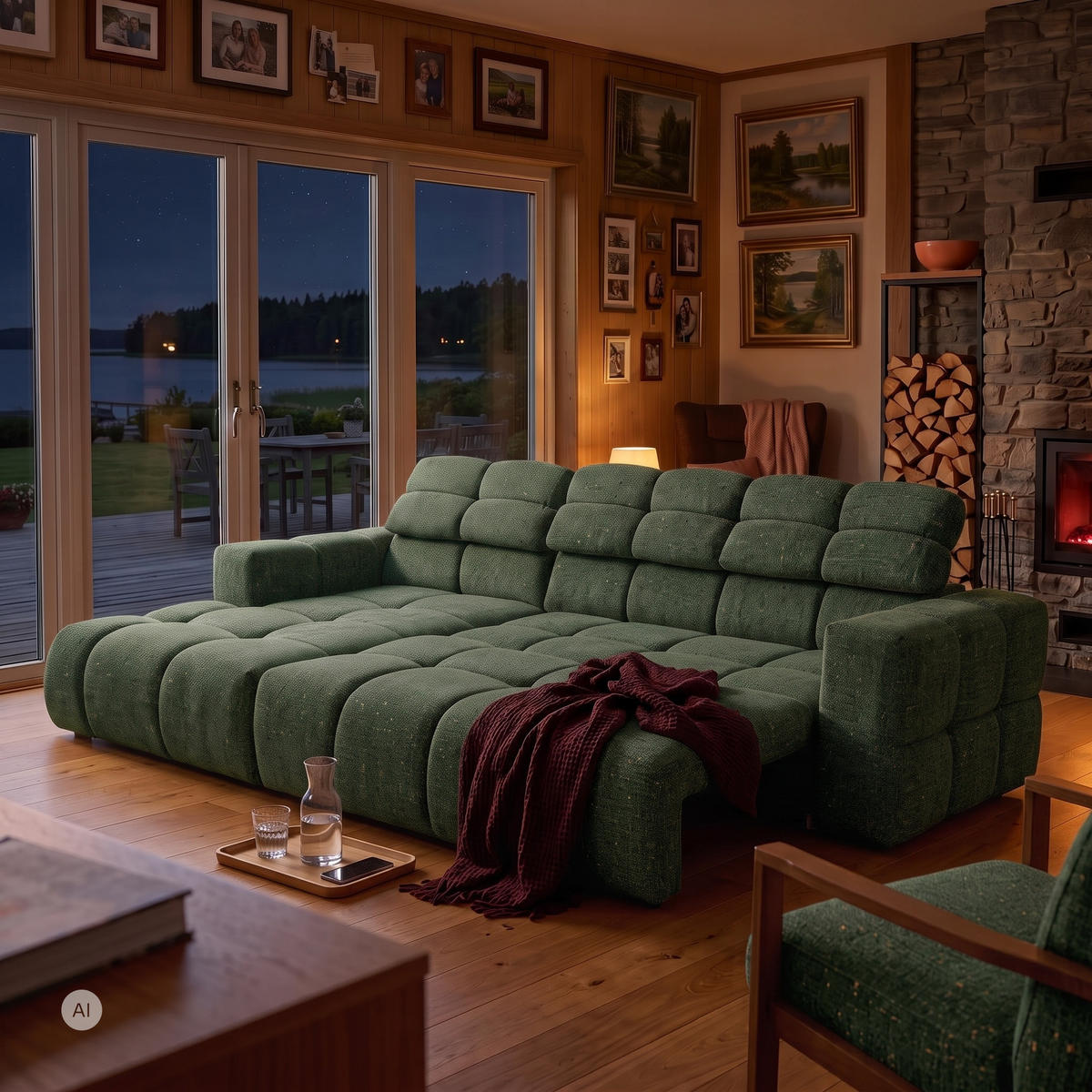 ECKSOFA TENDER Links mit Schlaffunktion und Verstellbare Kopfstützen, Chenille grün - Schwarz/Grün, Holz/Kunststoff (315/176cm) - Muffo