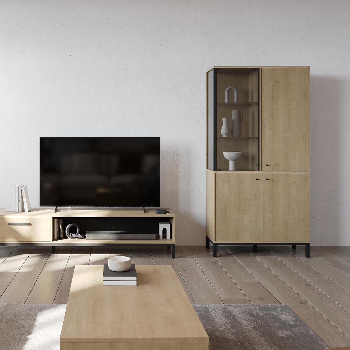 Vitrine 1 Glastür und 3 Türen Eiche- und Mattschwarz-Dekor L93,4 cm – CRAFT - Apfelbaumfarben, Holzwerkstoff (39.6/186.1/93.4cm) - Calicosy