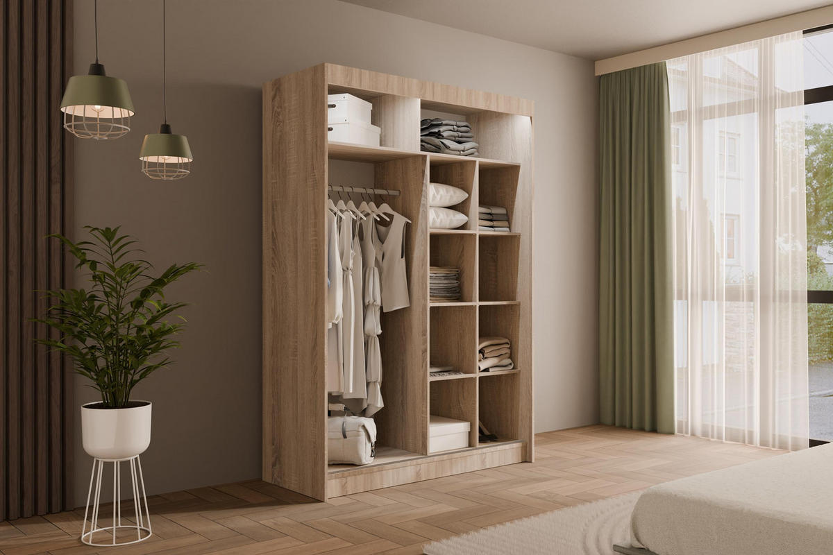 KLEIDERSCHRANK AMOHA mit LED - 150 cm - Sonoma Eiche - Sonoma Eiche, Holzwerkstoff (150/215/61cm) - ALTDECOR