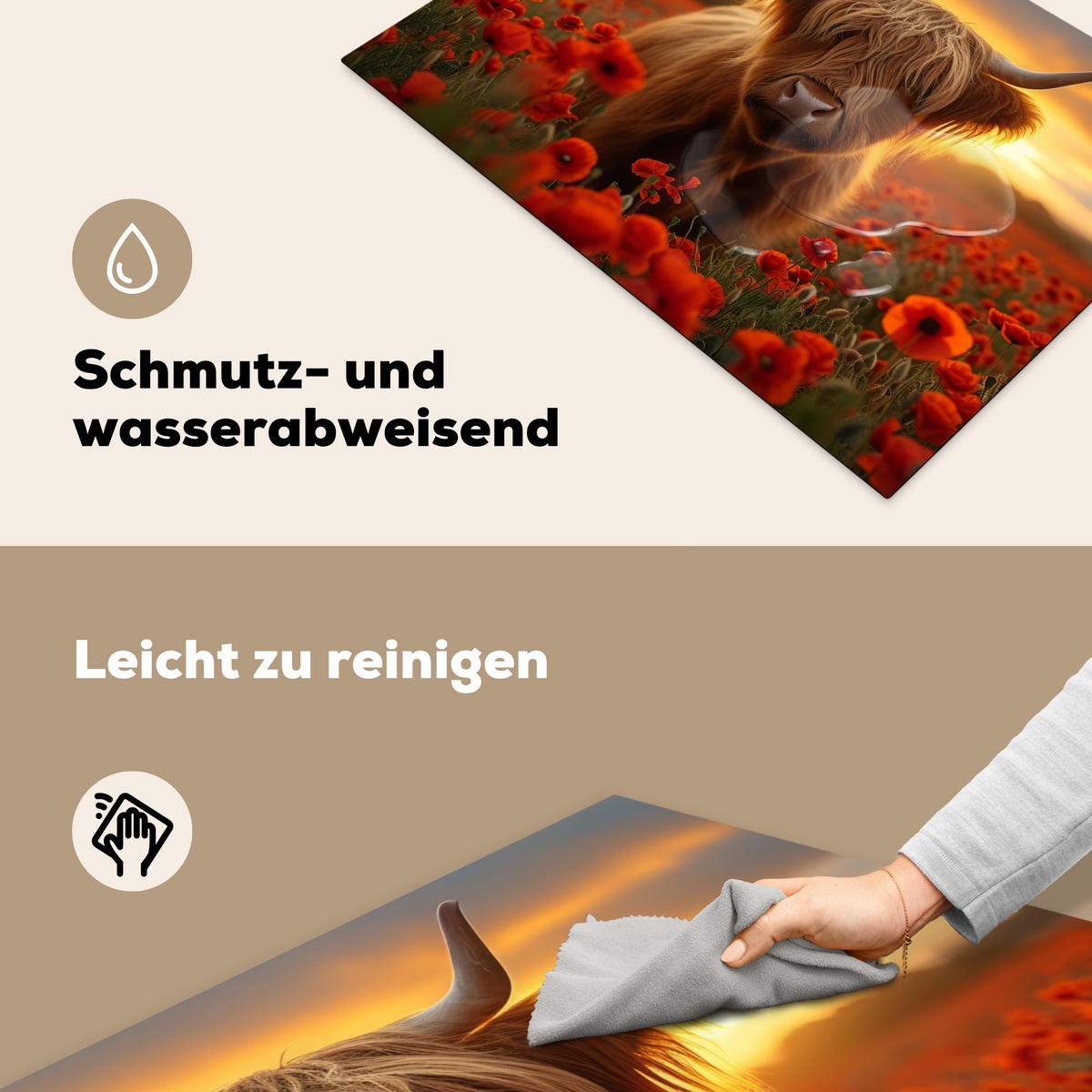 HERDABDECKPLATTE Schottische Highlander - Rosen - Blumenfeld - Sonnenuntergang Herdabdeckung Induktionsfeld 75x52 cm - Rotbraun, Kunststoff (75/52/0.2cm) - MuchoWow