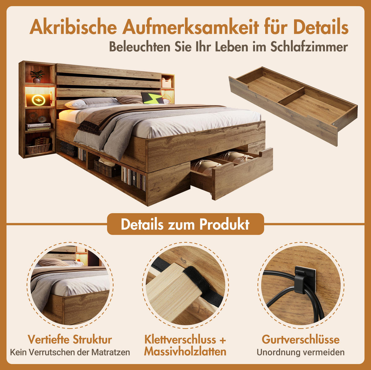 DOPPELBETT 180/200 cm mit LED-Beleuchtung, USB-C, Stauraumkopfteil und Schubladen, Eiche - Eichefarben, Metall (180/200cm) - Redom