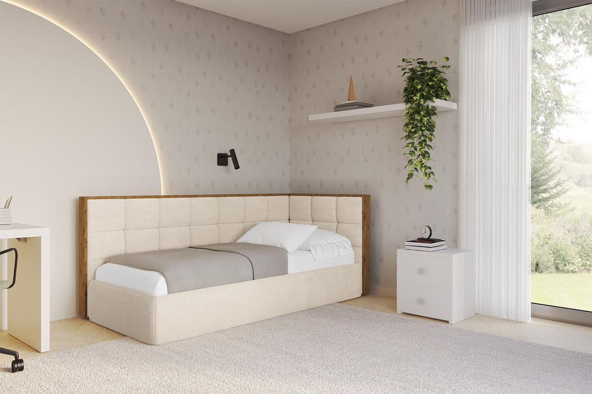 EINZELLBETT Jugendbett mit Bettkasten und Matratze H3/H4, Links - SOVY 90x200 Beige - Creme, Holzwerkstoff/Textil (90/200cm) - ALTDECOR