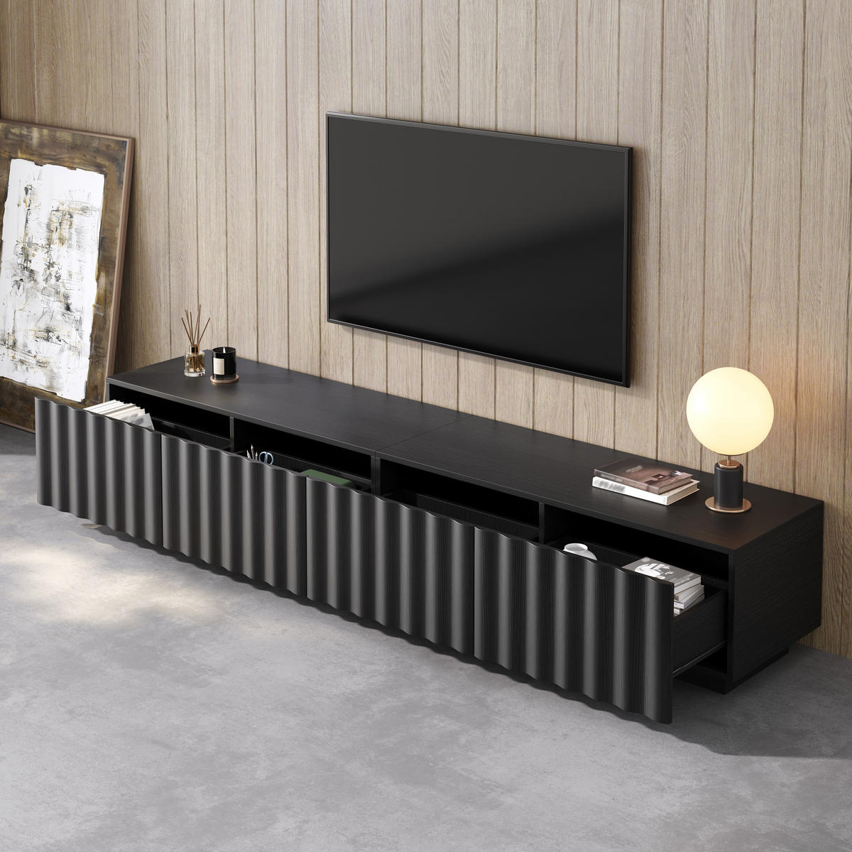 TV-SCHRANK Wellenfront Push-to-Open Stauraum modern - Schwarz, Holzwerkstoff (40/35/200cm) - FLIEKS