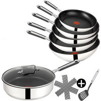 PFANNENSET Edelstahl Jamie Oliver E30 – 9-teiliges Set mit Bratpfanne, Schmorpfanne, Wokpfanne, Pfannenwender & Pfannenschoner - Silberfarben, Metall - Tefal
