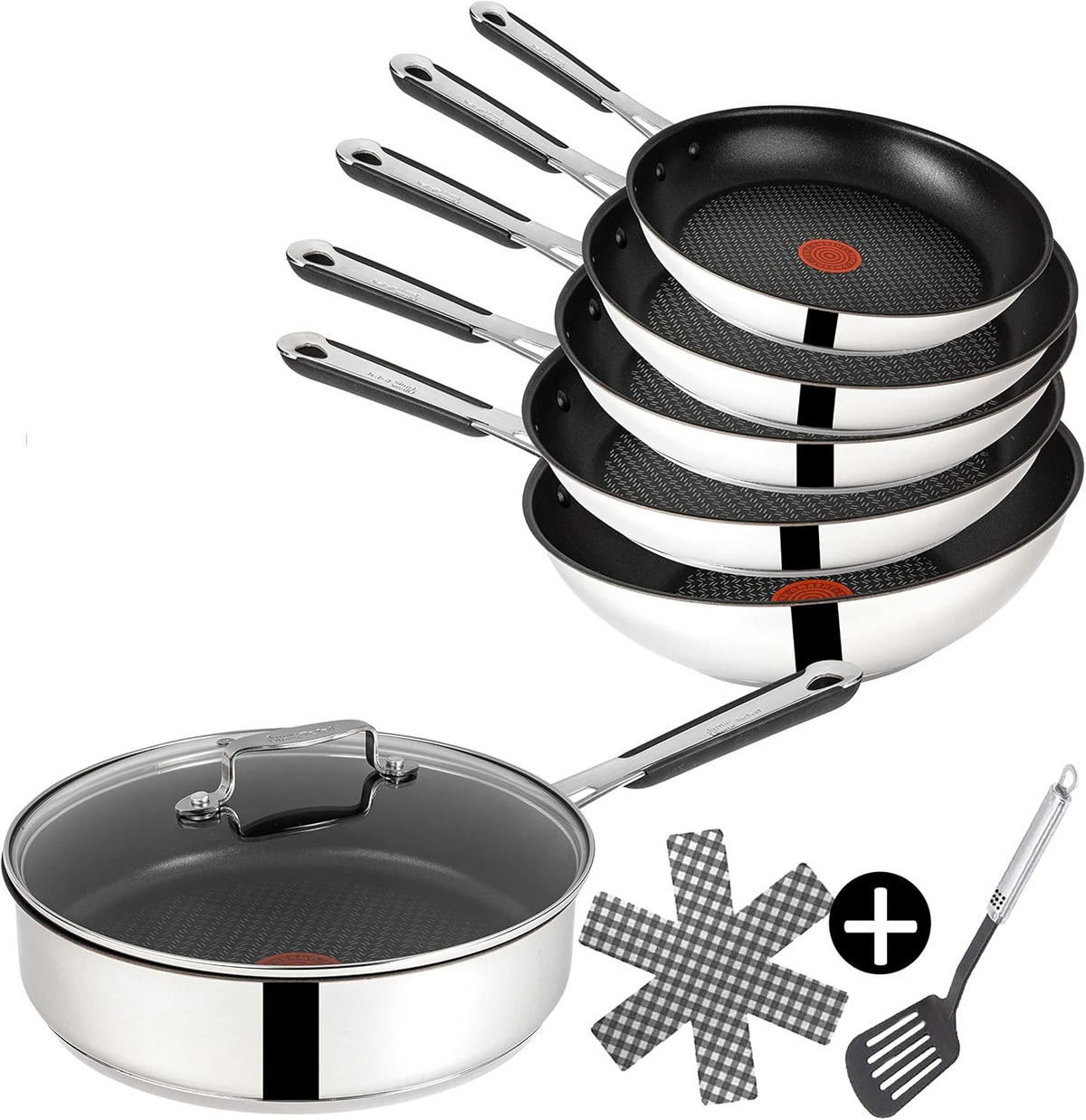 PFANNENSET Edelstahl Jamie Oliver E30 – 9-teiliges Set mit Bratpfanne, Schmorpfanne, Wokpfanne, Pfannenwender & Pfannenschoner - Silberfarben, Metall - Tefal