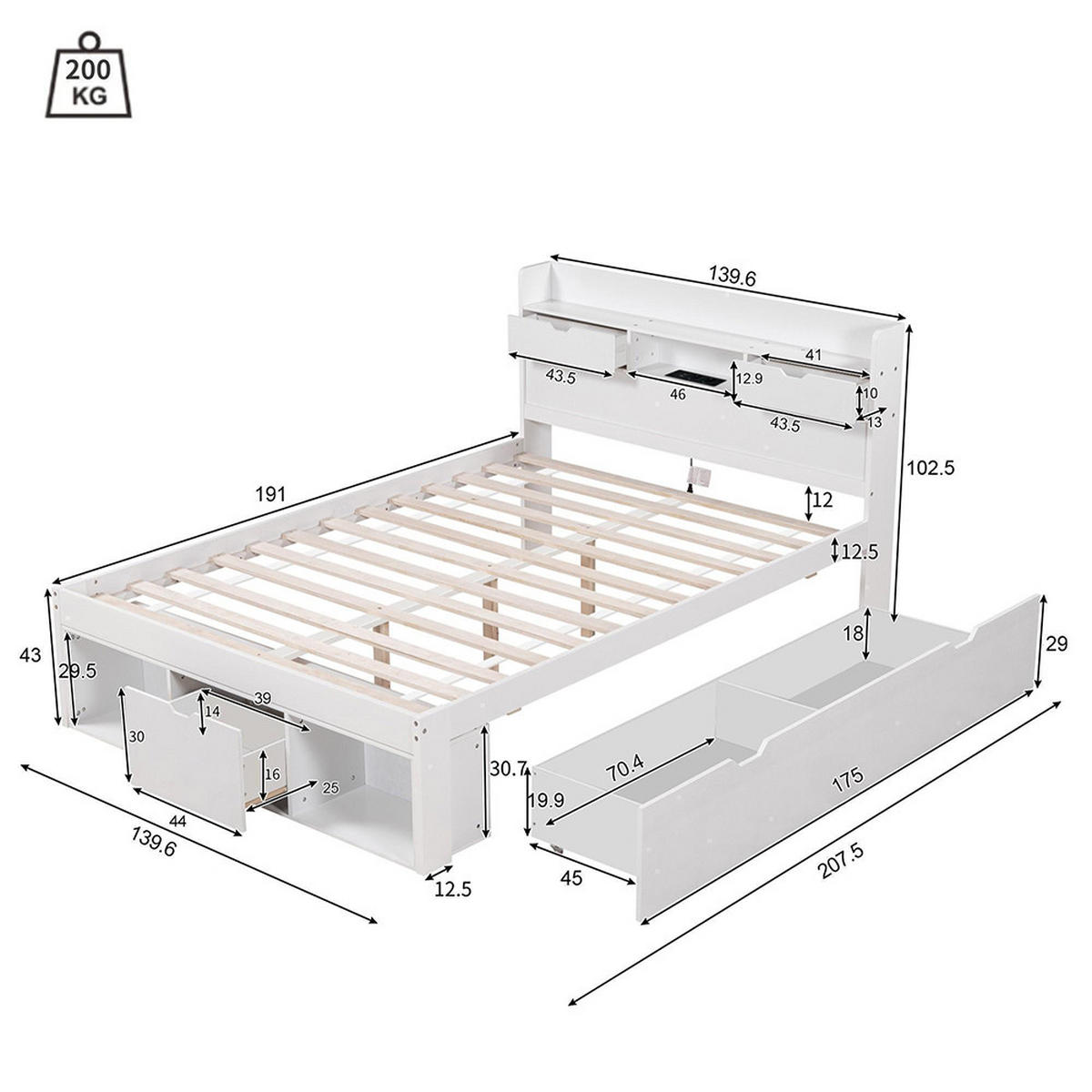 STAURAUMBETT 135x190 cm mit USB-Anschluss und Schubladen in Weiß - Weiß, Holz - KOMHTOM