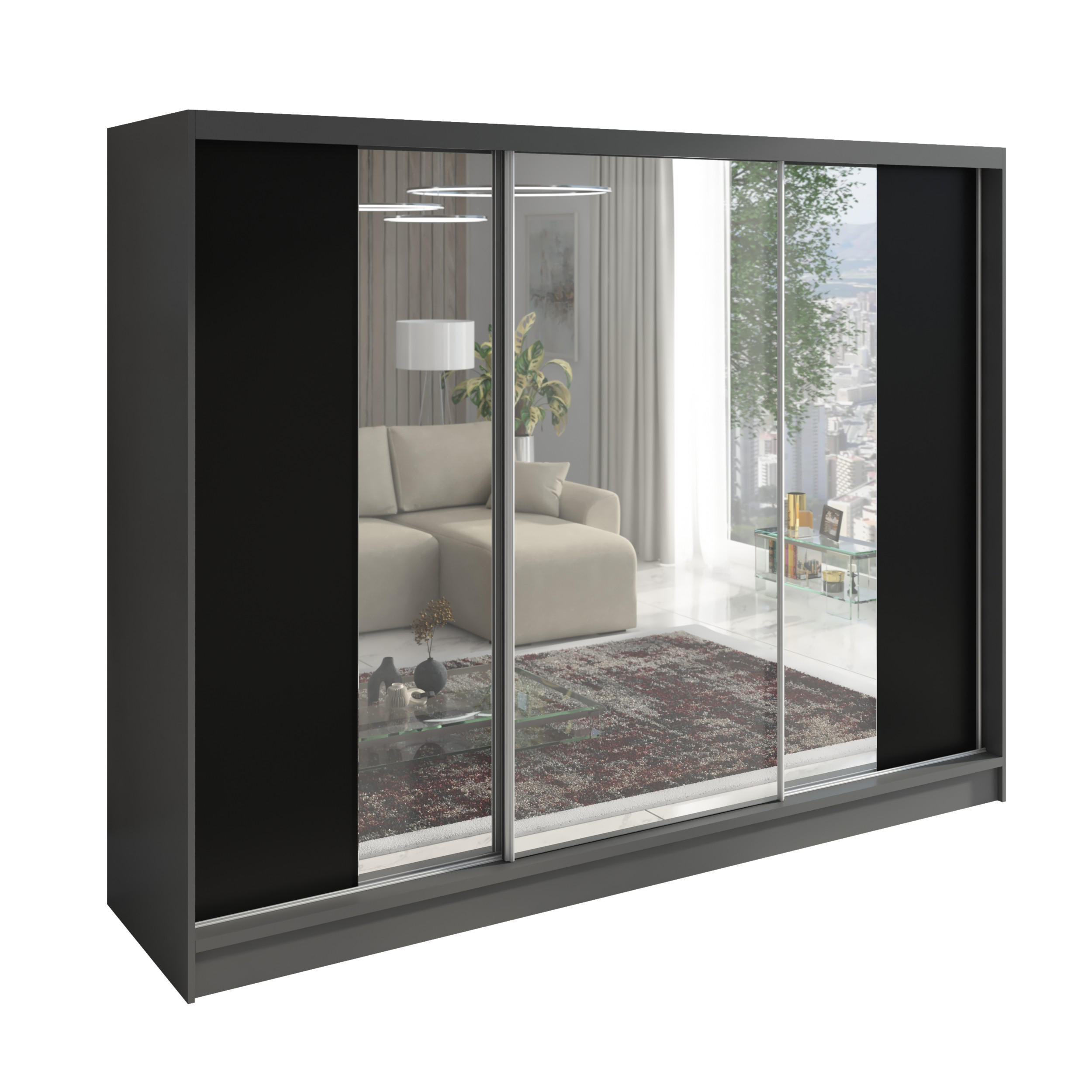 A&J MöbelLand Schwebetürenschrank Graphit, Schwarz 200x215x60 cm
