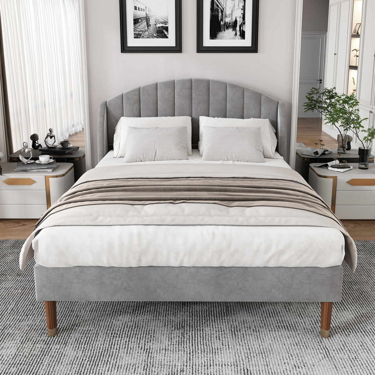 POLSTERBETT 160/200 cm mit Lattenrost und gepolstertem Kopfteil, Samt Grau - Grau, Textil (160/200cm) - Redom