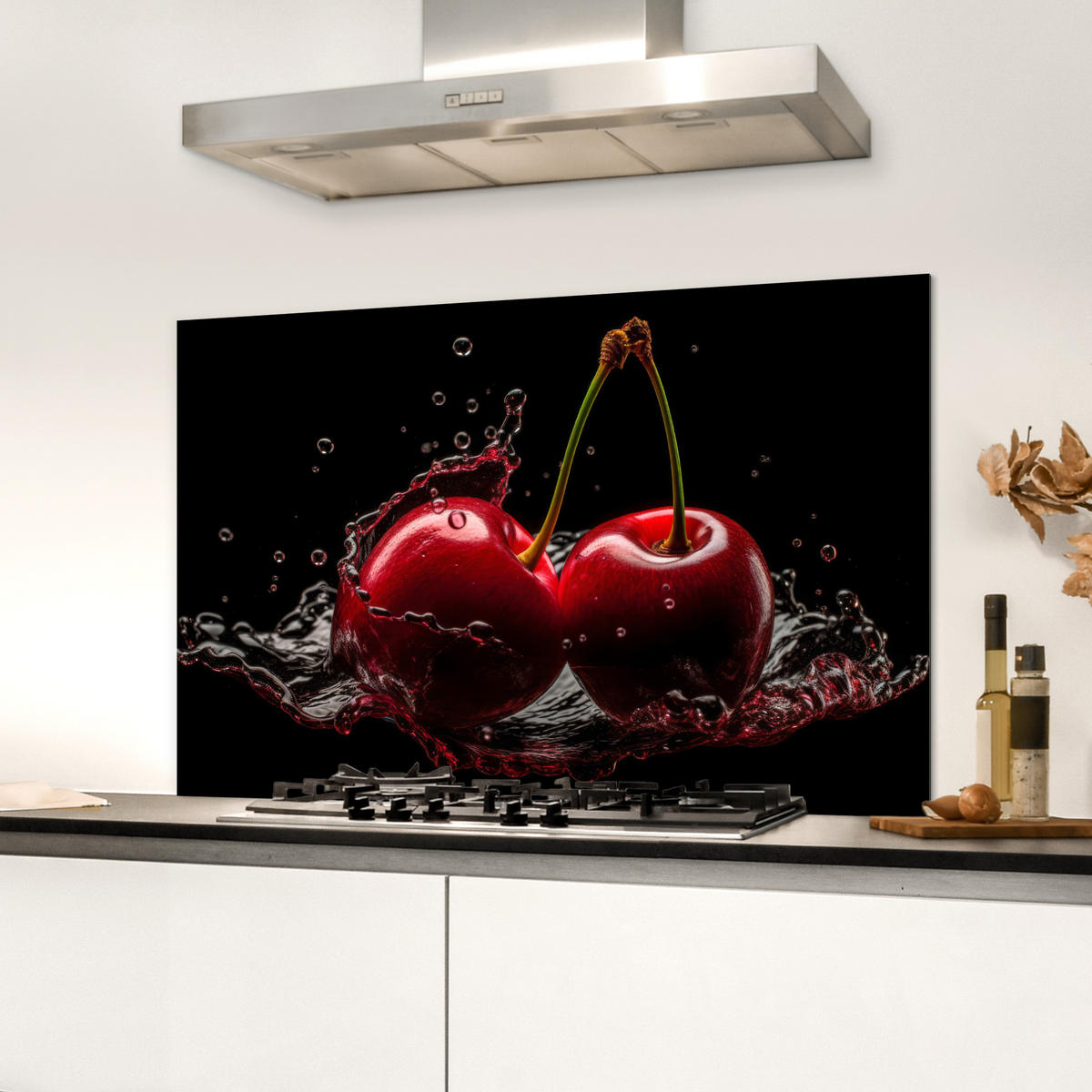 SPRITZSCHUTZ KÜCHE Kirsche - Rot - Frucht - Wasser - Schwarz 90x60 cm - Kirschrot, Metall (90/0.3/60cm) - MuchoWow