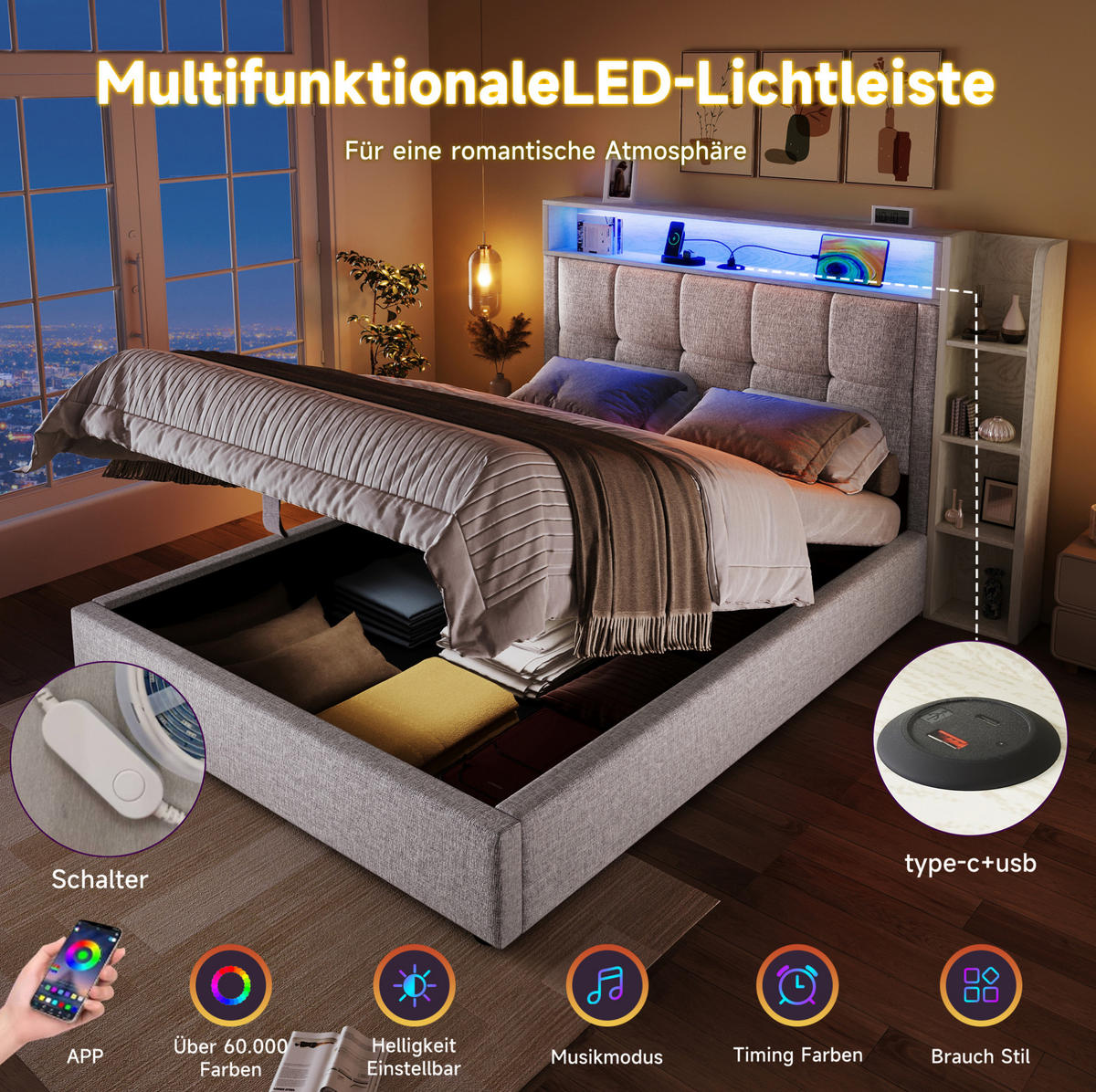 POLSTERBETT 90/200 cm Beige mit Stauraum, LED-Beleuchtung und USB- und Type-C-Anschlüssen - Beige, Textil (90/200cm) - Flora Grace