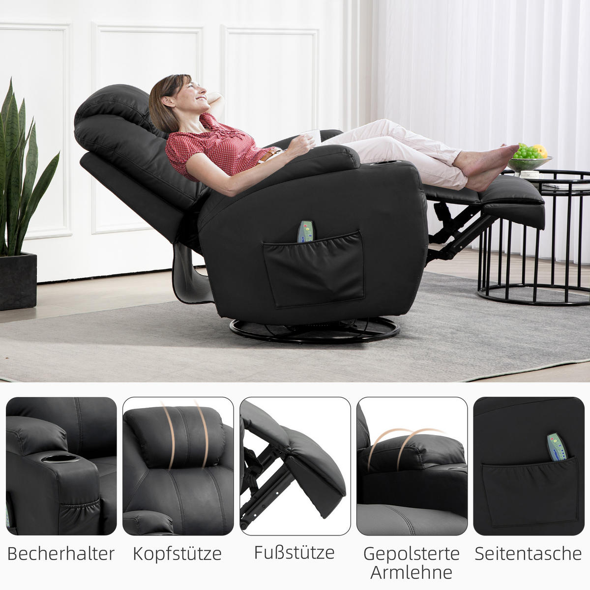 MASSAGESESSEL, Schwarz, Kunstleder, Metall - Schwarz, Metall (99/106/89cm) - HOMCOM
