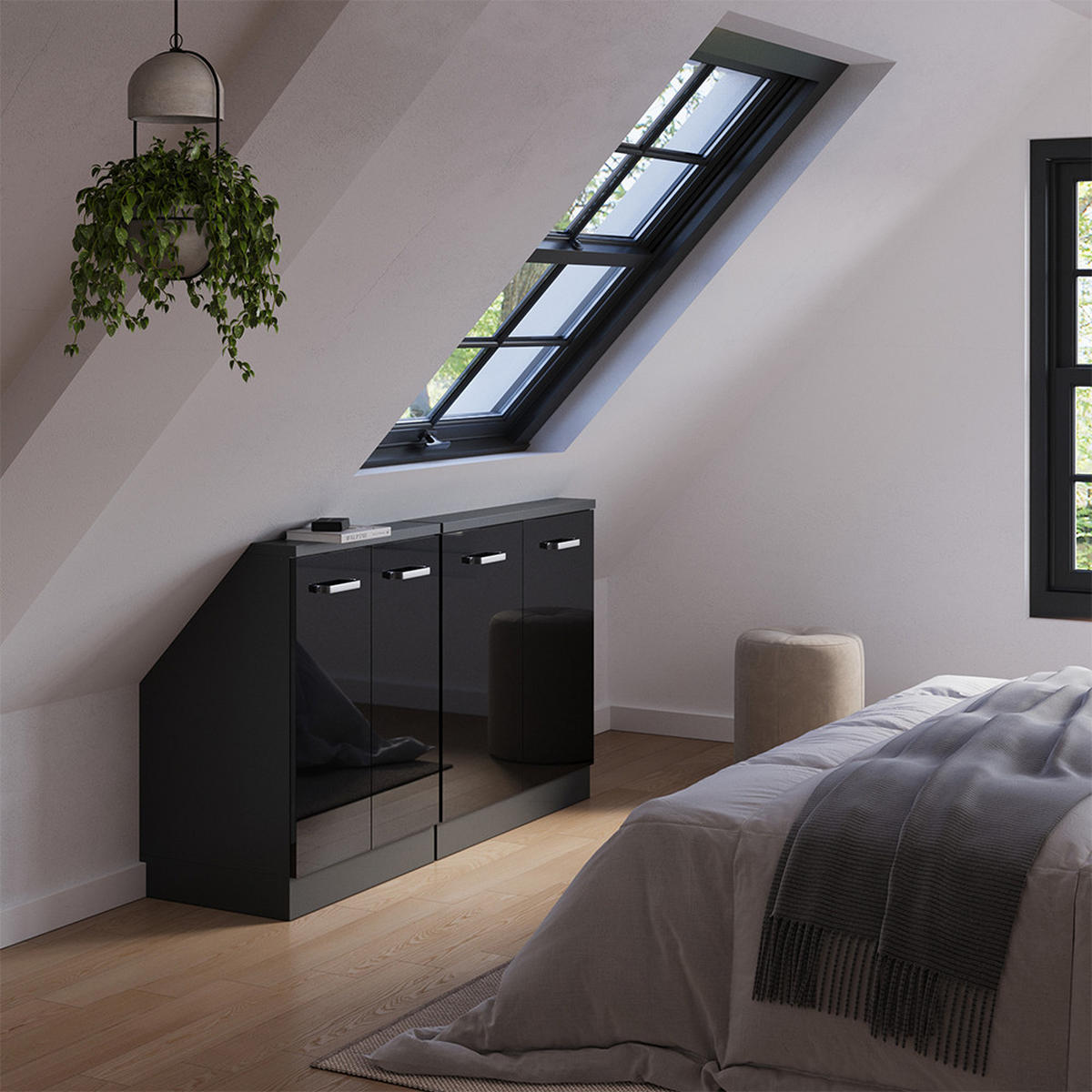 KUCHYŇSKÁ SKŘÍŇKA POD ŠIKMOU STŘECHU R-Line Vysoce lesklá černá/antracitová - černá/antracitová, kompozitní dřevo (140/81.6/46cm) - Vicco