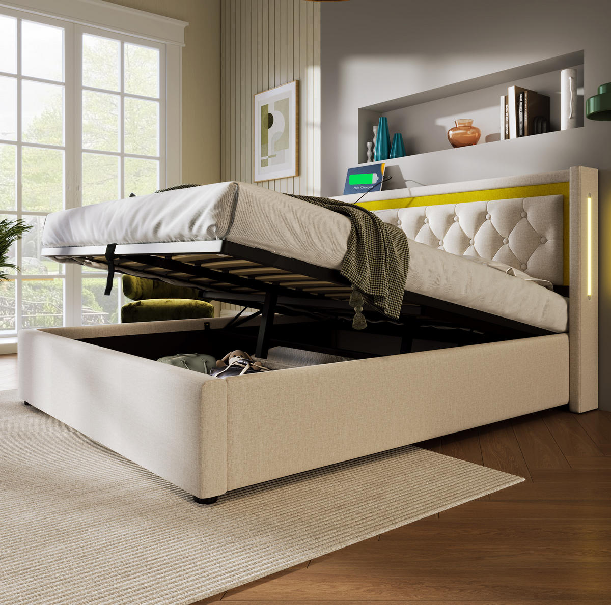 POLSTERBETT aus Baumwolle 140x200 cm Hellbeige mit Bettkasten, LED-Beleuchtung, USB/USB-C und Matratze - Beige, Textil (140/200cm) - IVMEU
