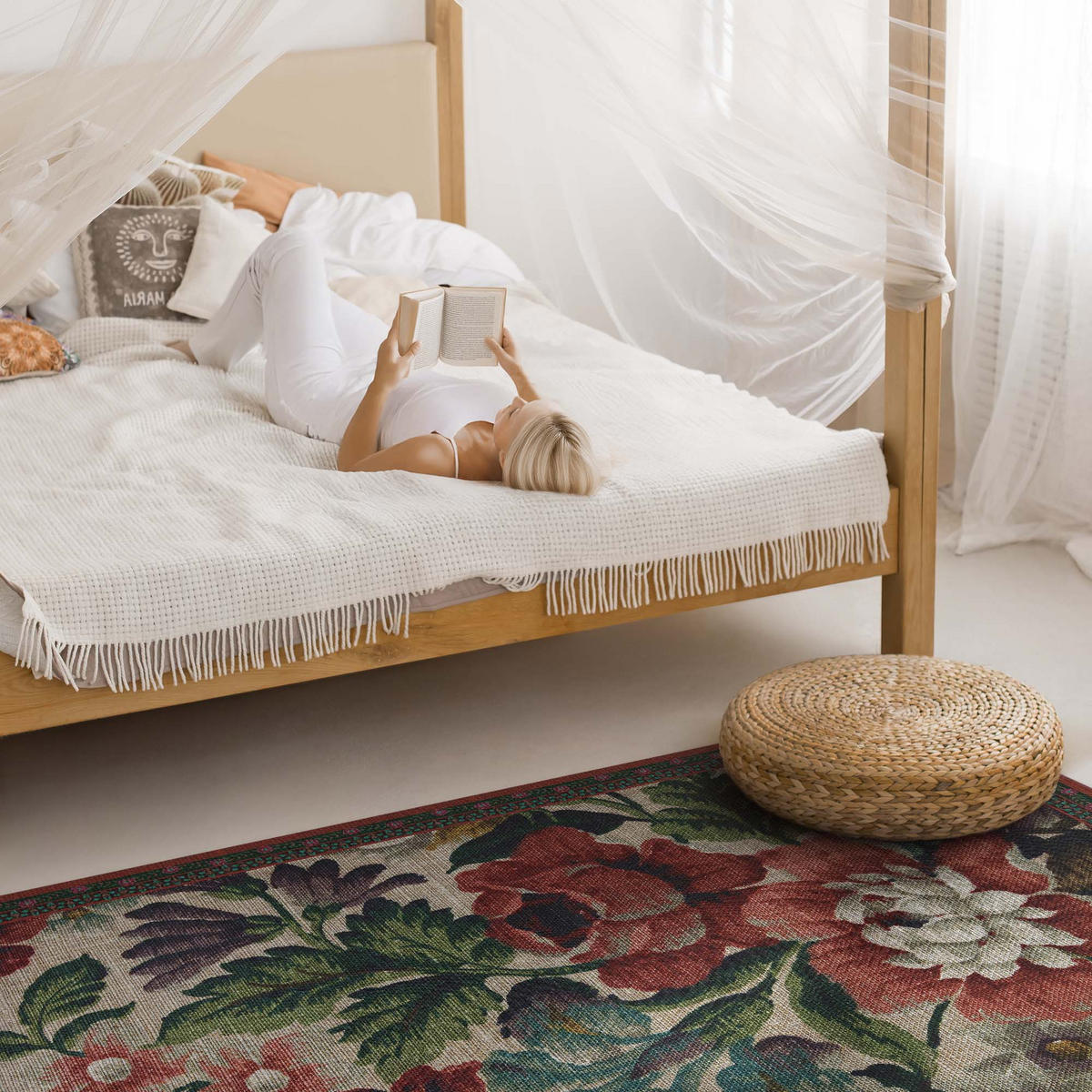 TEPPICH 100x150 cm Zarte Blumen Voller Farben - Salbeigrün, Kunststoff (100/150cm) - Wallfluent