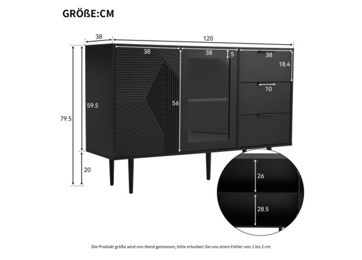KOMMODE mit 3 Schubladen und 2 Türen Black 120/38/79.5 cm - Schwarz, Holz (38/79.5/120cm) - Urban Meuble