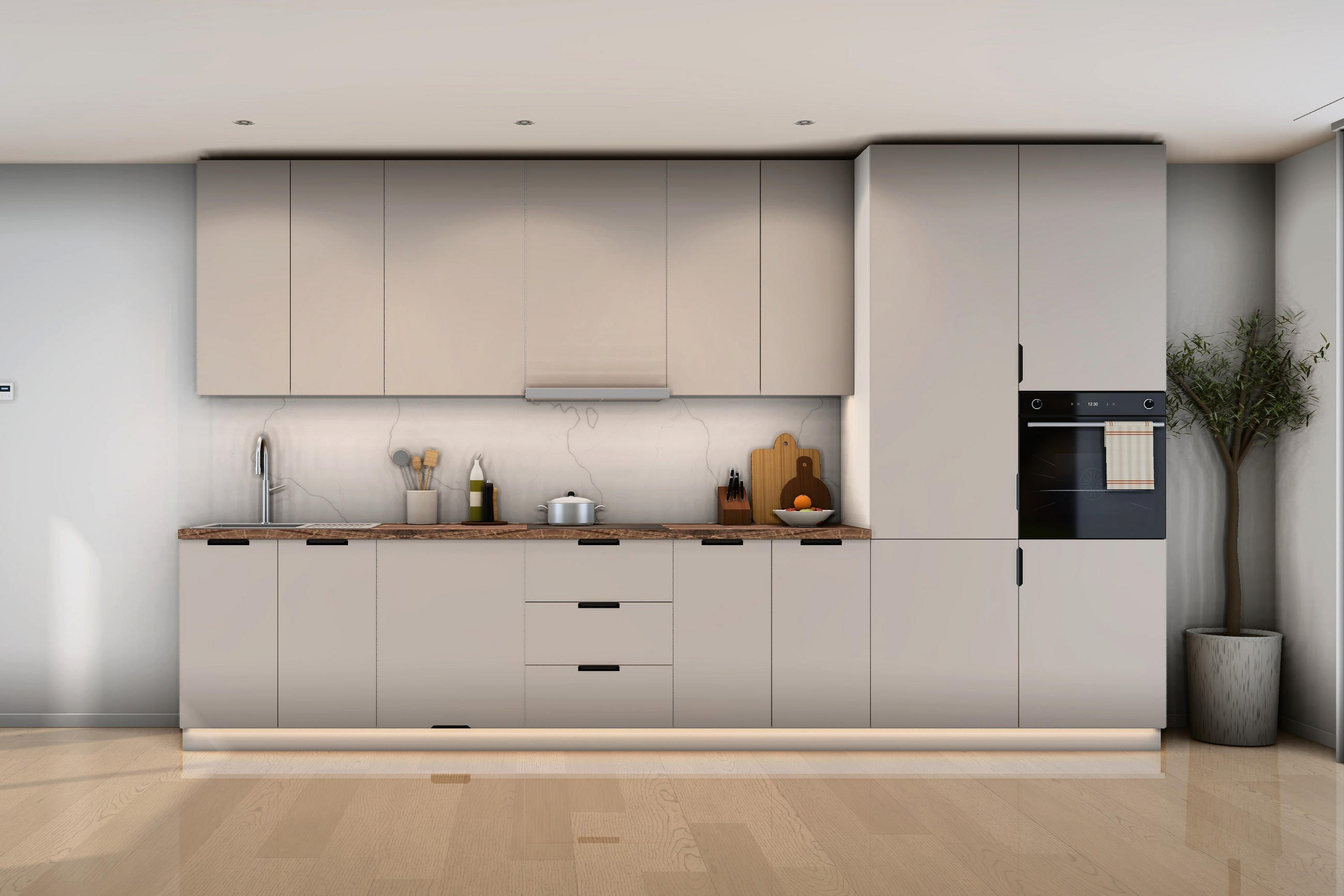 KÜCHENZEILE Sorento Weiß & Beige – 400 cm – K58-G400 R - Beige/Schwarz, Holzwerkstoff/Metall (400/247/58cm) - ROYAL24_MARKT