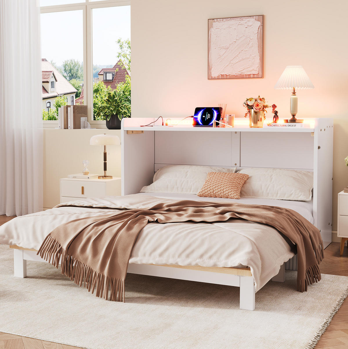 SCHRANKBETT aus MDF und Sperrholz 140x200 cm Weiß mit Schubladen, LED-Beleuchtung, USB und Steckdose - Weiß, Holzwerkstoff (90/200cm) - IVMEU