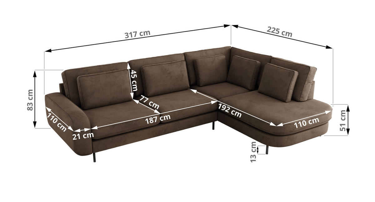 ROHOVÁ SEDAČKA CALENO L - Hnědá Samet - Levá Strana - černá/hnědá, kov/textil (317/225cm) - MKS