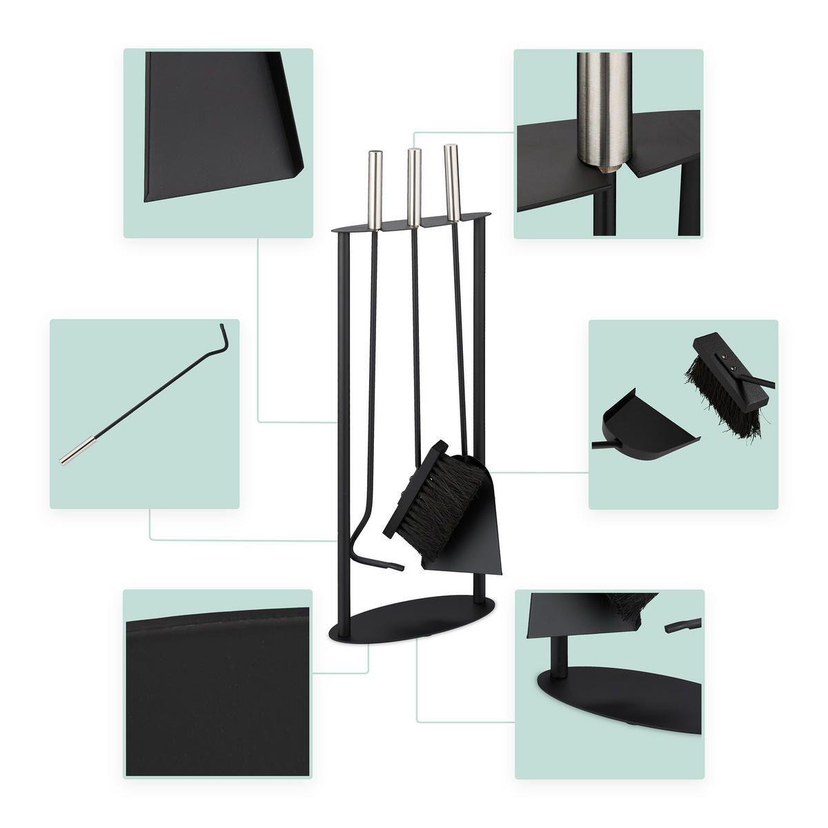 KAMINBESTECK-SET 4-tlg. - Schwarz, Metall (24/60/12cm) - Relaxdays